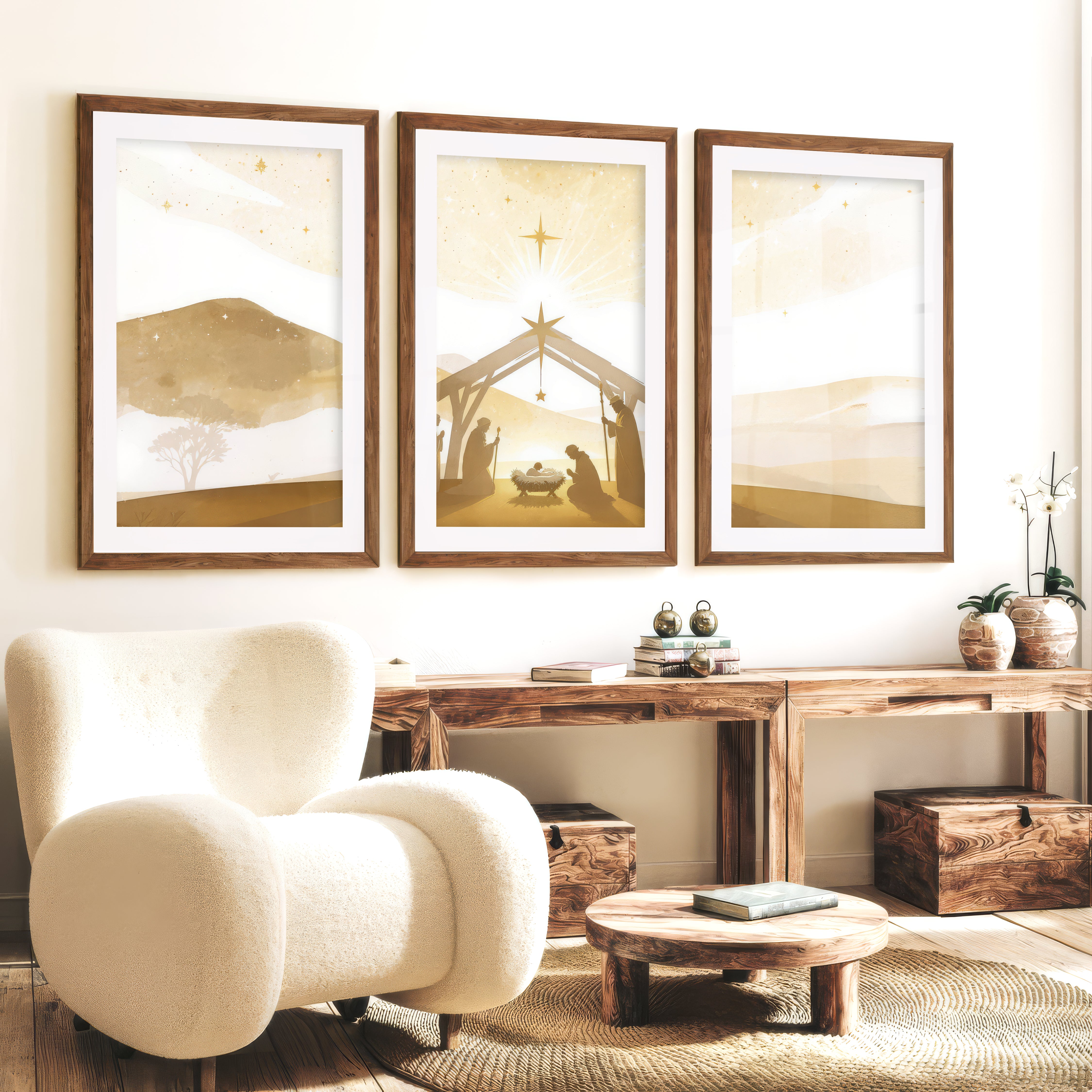 Minimalist Nativity Scene Triptych Wall Art Set - Dark Brown Framed Poster with White Border - Artworksets