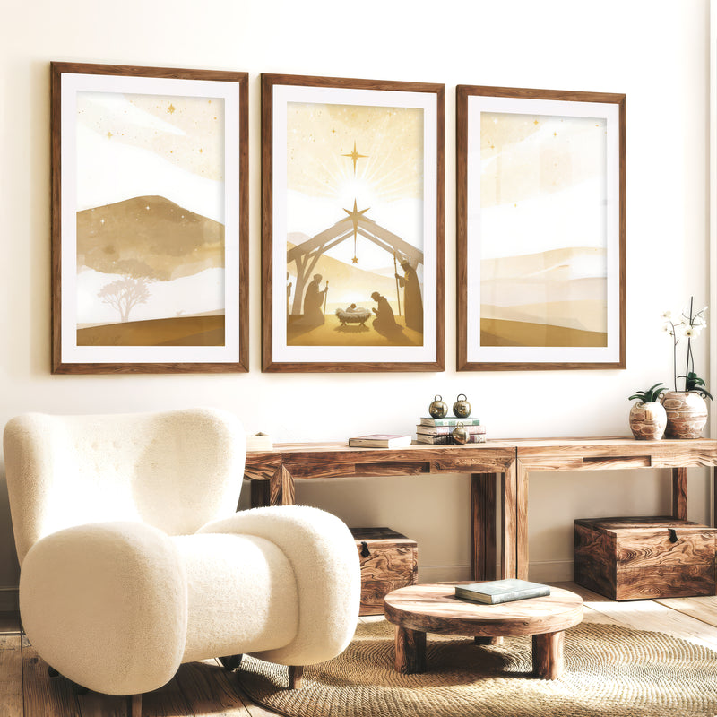 Minimalist Nativity Scene Triptych Wall Art Set - Dark Brown Framed Poster with White Border - Artworksets