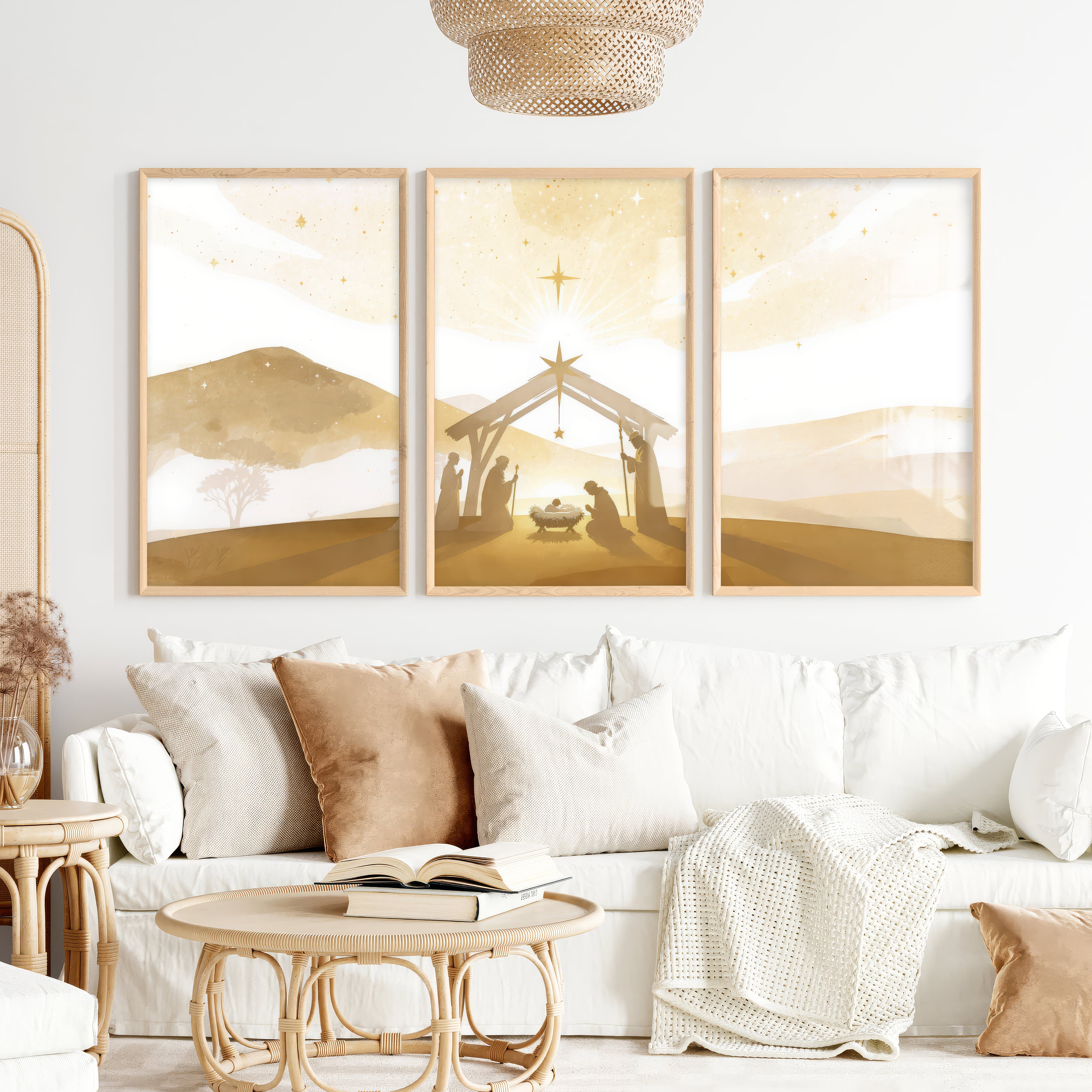 Minimalist Nativity Scene Triptych Wall Art Set - Natural Wood Framed Poster No Border - Artworksets