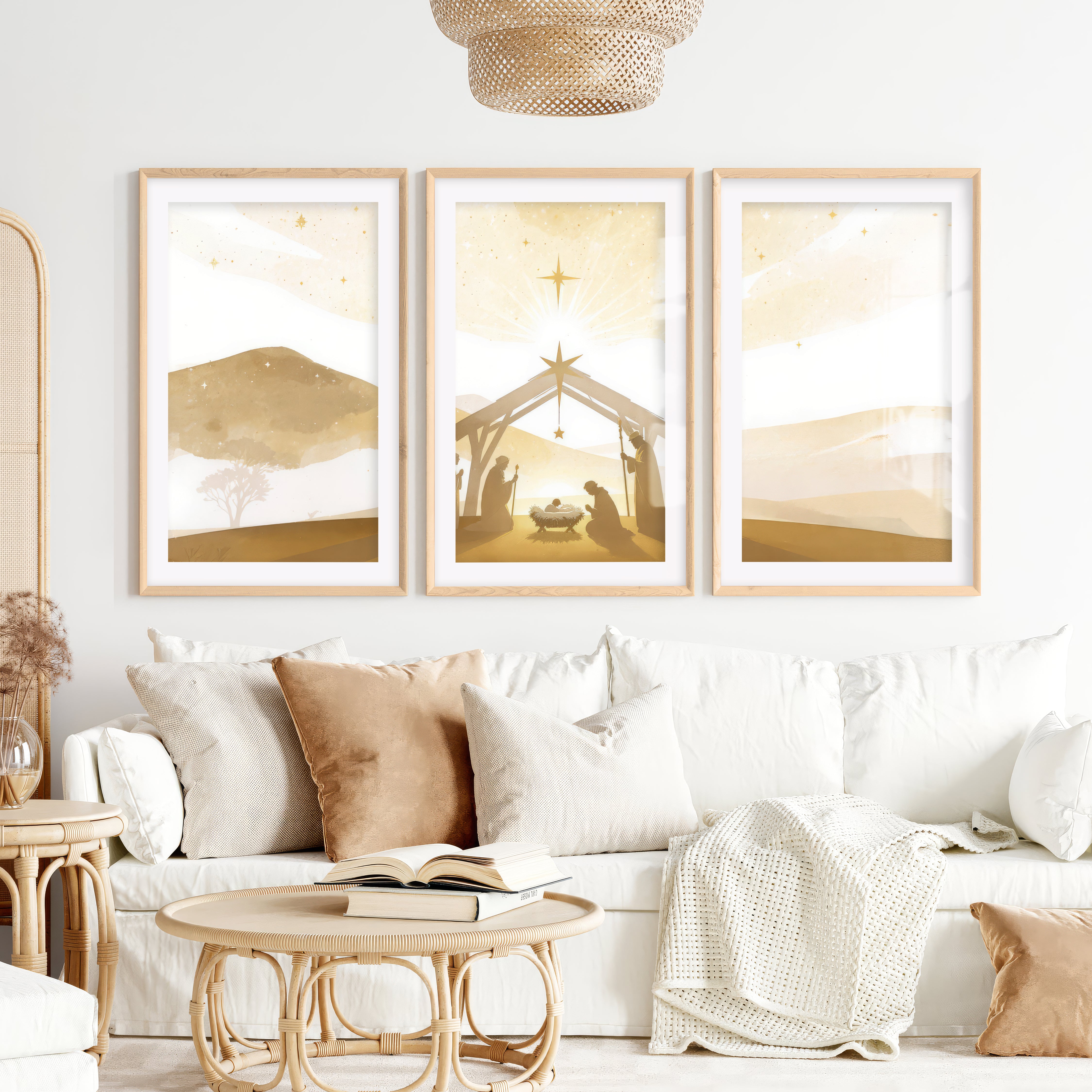 Minimalist Nativity Scene Triptych Wall Art Set- Natural Wood Framed Poster with White Border - Artworksets