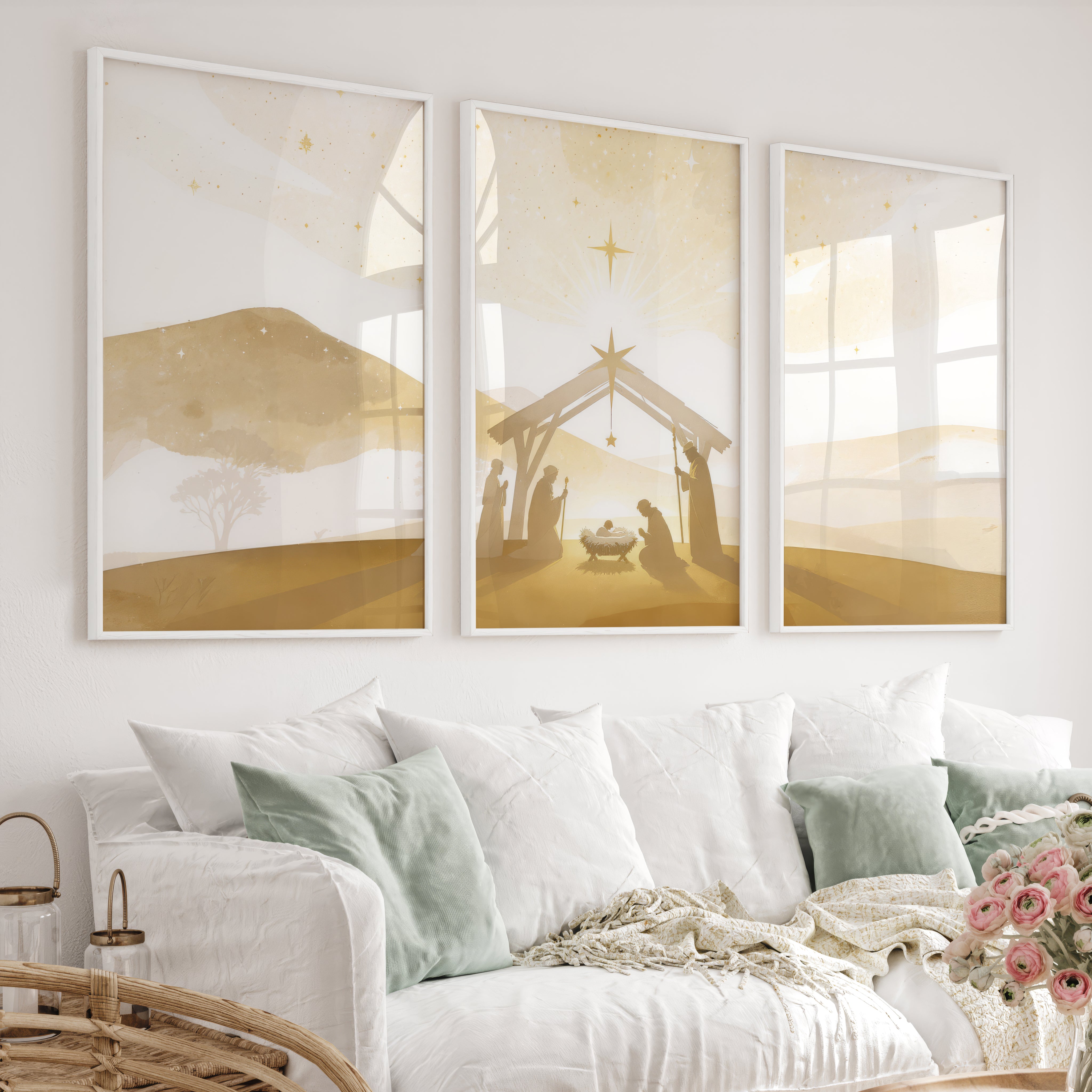 Minimalist Nativity Scene Triptych Wall Art Set - White Framed Poster No Border - Artworksets