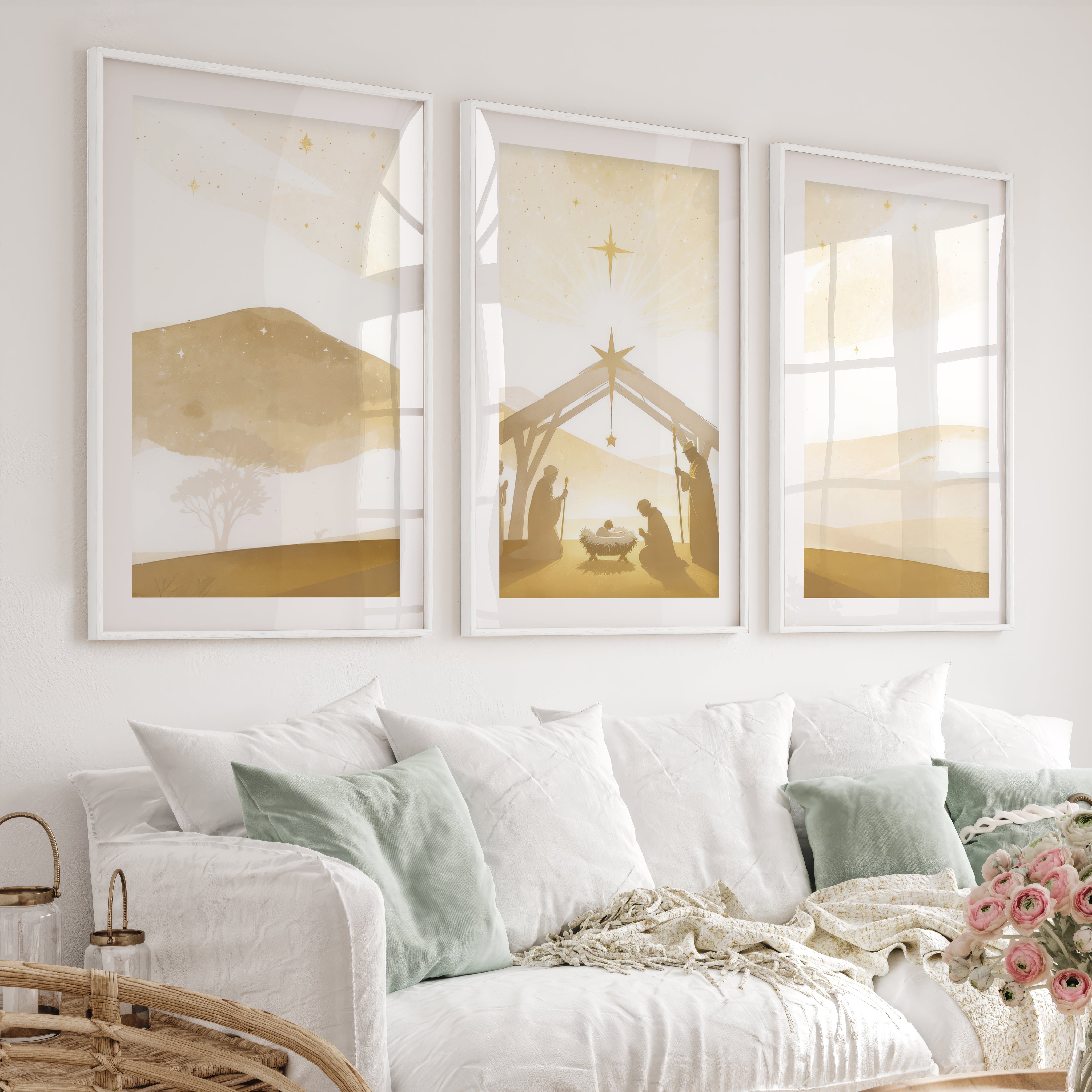 Minimalist Nativity Scene Triptych Wall Art Set - White Framed Poster with White Border - Artworksets