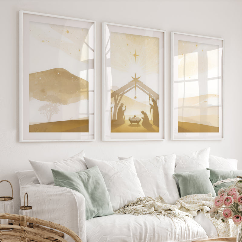 Minimalist Nativity Scene Triptych Wall Art Set - White Framed Poster with White Border - Artworksets