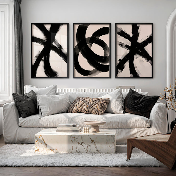 Modern Abstract Art Black and White – Minimalist Brushstroke Wall Art - Black Framed Poster No Border - Artworksets