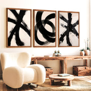 Modern Abstract Art Black and White – Minimalist Brushstroke Wall Art - Dark Brown Framed Poster No Border - Artworksets