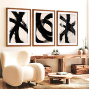 Modern Abstract Art Black and White – Minimalist Brushstroke Wall Art - Dark Brown Framed Poster with White Border - Artworksets