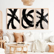 Modern Abstract Art Black and White – Minimalist Brushstroke Wall Art - Natural Wood Framed Poster No Border - Artworksets