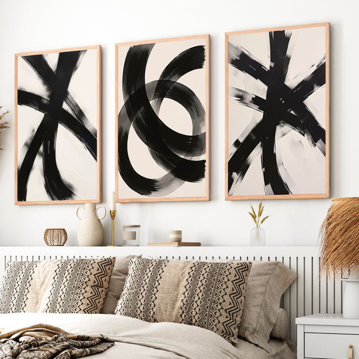 Modern Abstract Art Black and White – Minimalist Brushstroke Wall Art - Natural Wood Framed Poster No Border - Artworksets