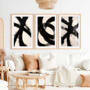 Modern Abstract Art Black and White – Minimalist Brushstroke Wall Art- Natural Wood Framed Poster with White Border - Artworksets