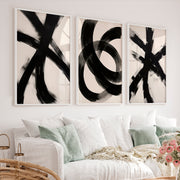 Modern Abstract Art Black and White – Minimalist Brushstroke Wall Art - White Framed Poster No Border - Artworksets