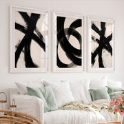 Modern Abstract Art Black and White – Minimalist Brushstroke Wall Art - White Framed Poster with White Border - Artworksets
