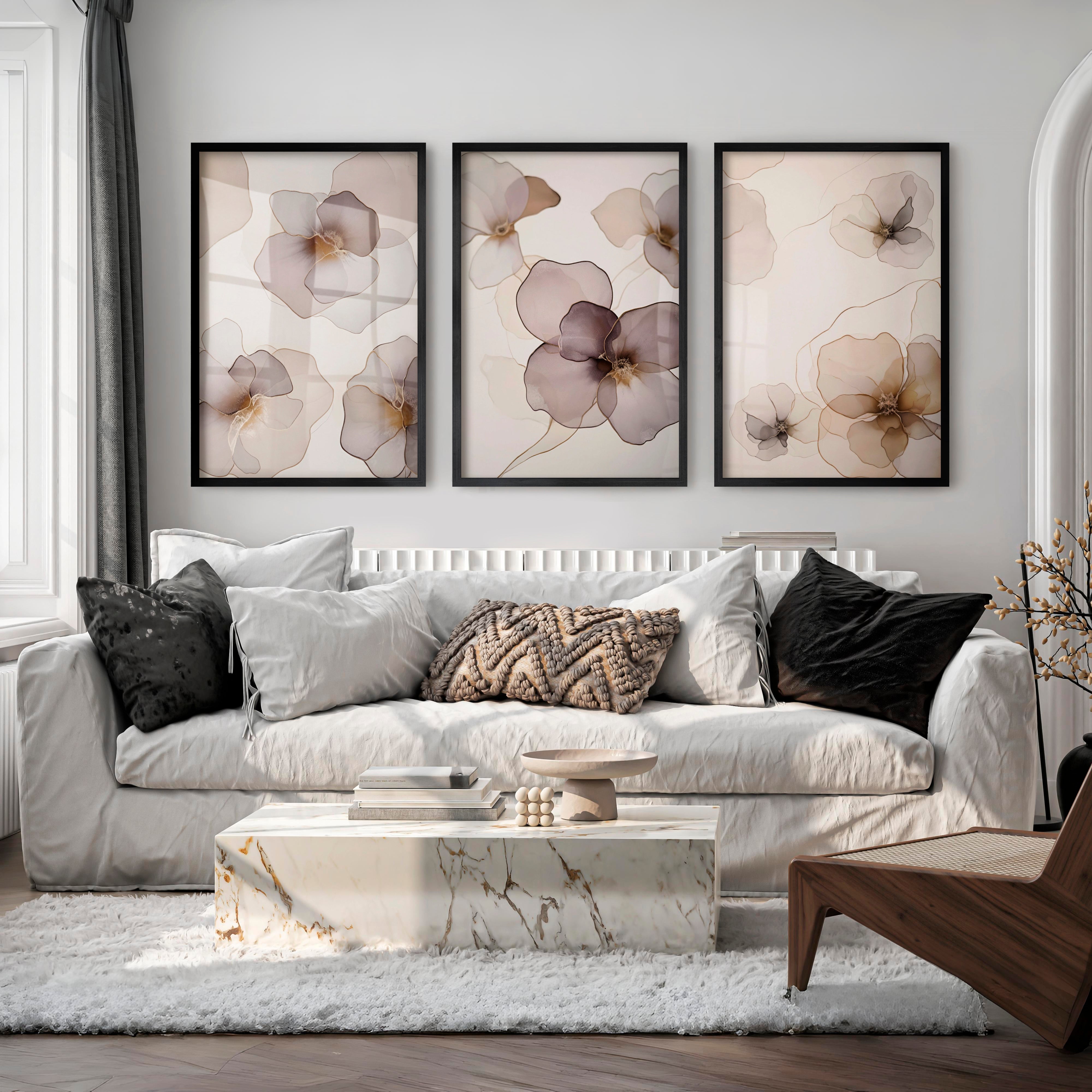 Modern Abstract Flower Paintings Neutral Blush Set of 3 - Black Framed Poster No Border - Artworksets