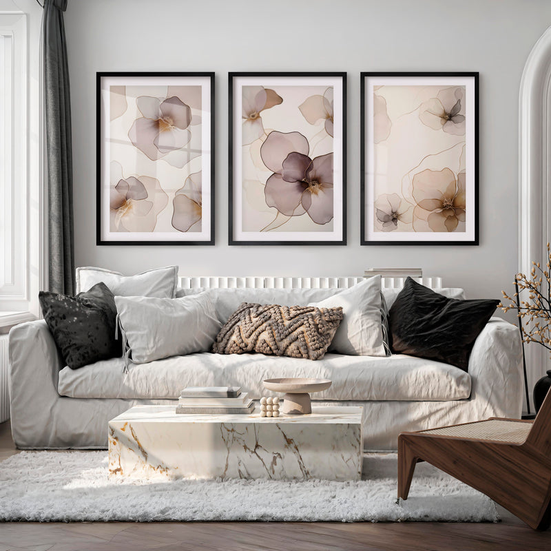 Modern Abstract Flower Paintings Neutral Blush Set of 3 - Black Framed Poster with White Border - Artworksets