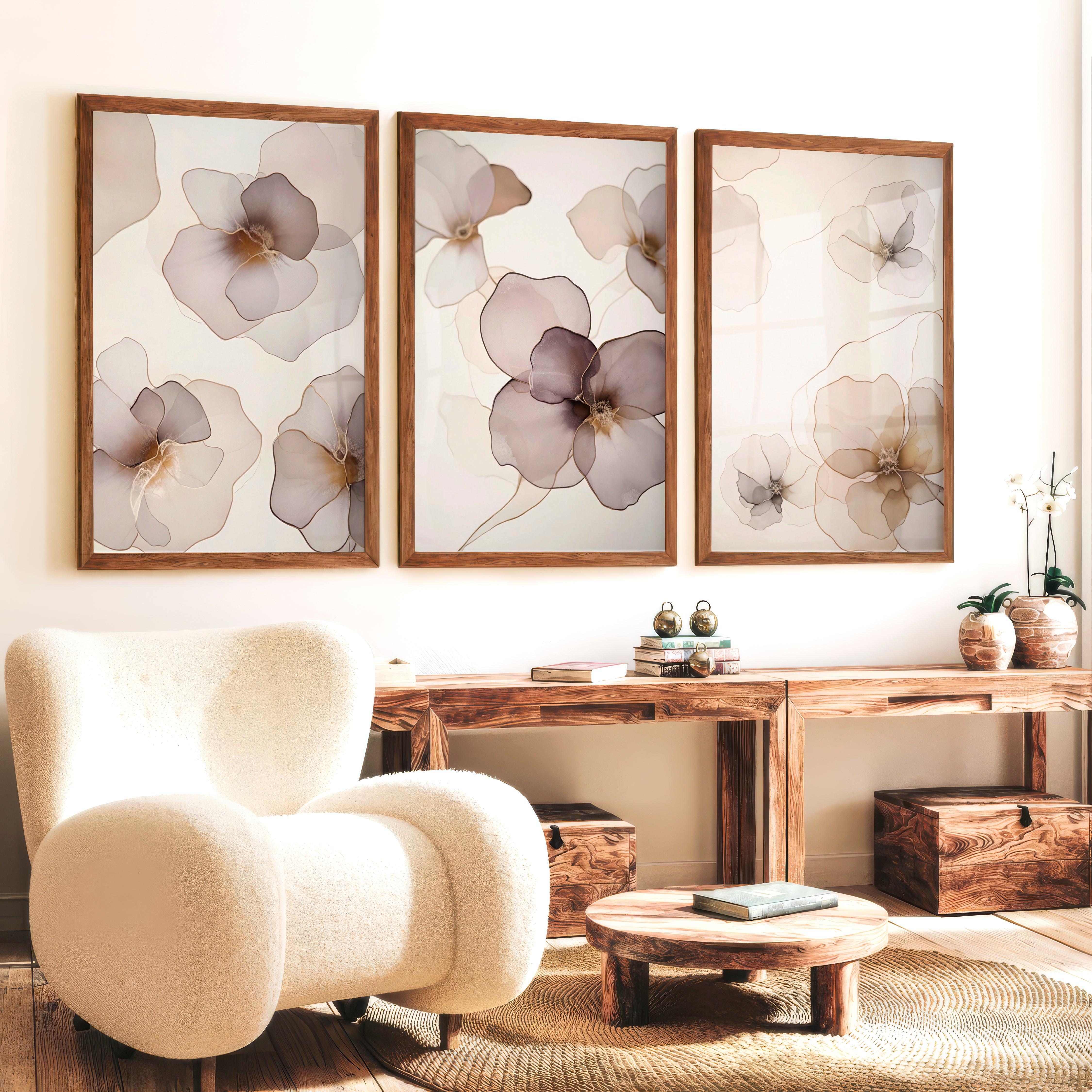Modern Abstract Flower Paintings Neutral Blush Set of 3 - Dark Brown Framed Poster No Border - Artworksets