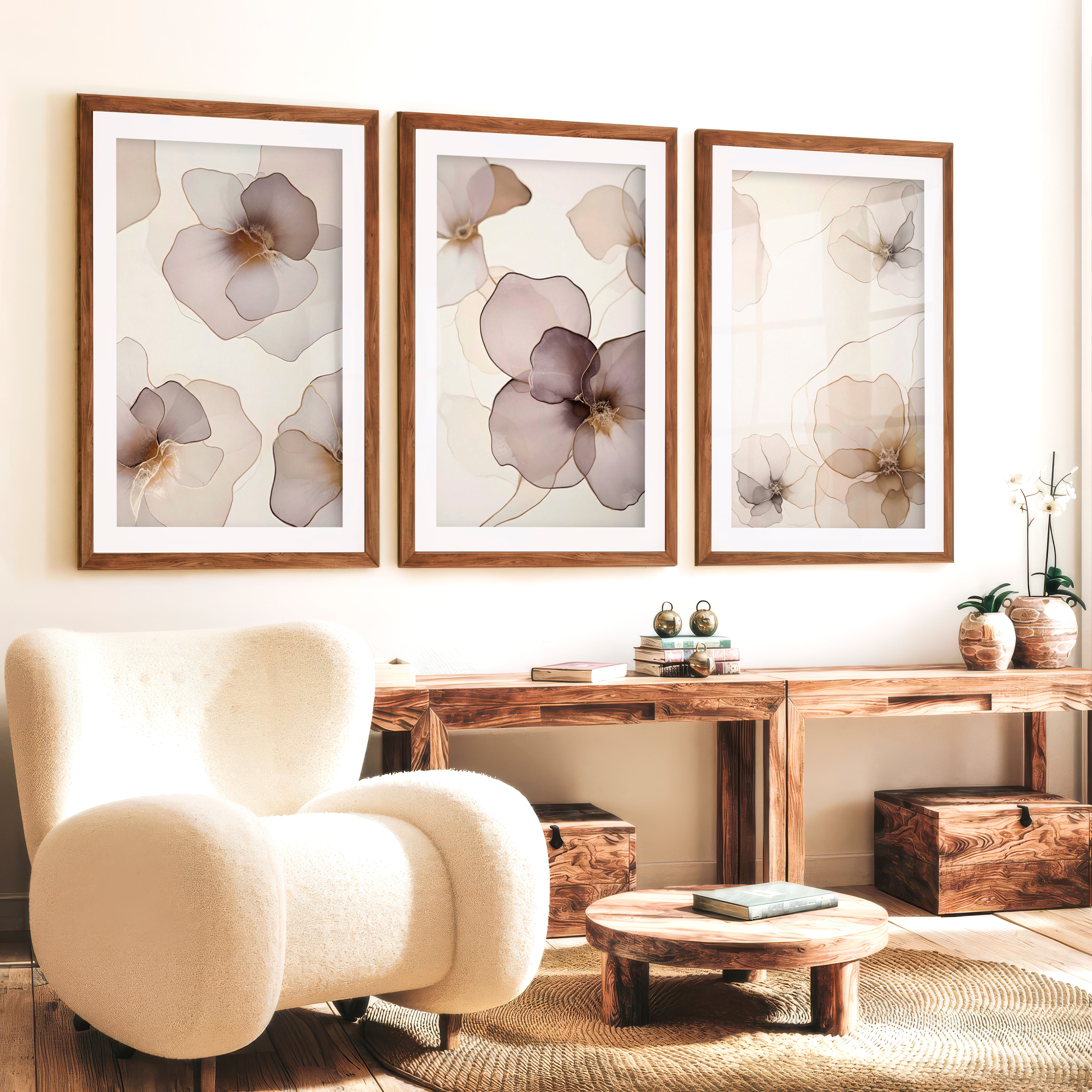 Modern Abstract Flower Paintings Neutral Blush Set of 3 - Dark Brown Framed Poster with White Border - Artworksets