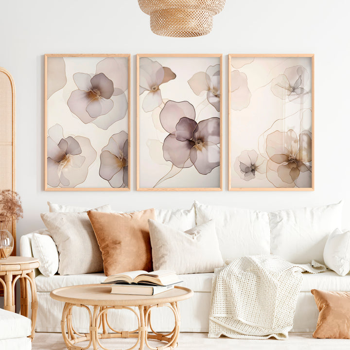 Modern Abstract Flower Paintings Neutral Blush Set of 3 - Natural Wood Framed Poster No Border - Artworksets