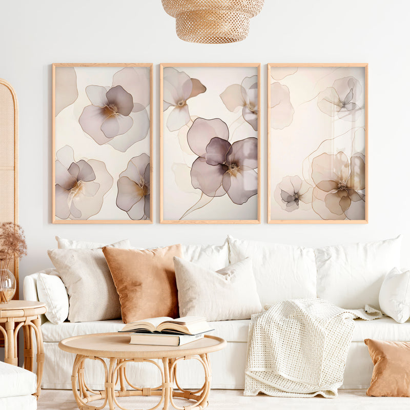 Modern Abstract Flower Paintings Neutral Blush Set of 3 - Natural Wood Framed Poster No Border - Artworksets