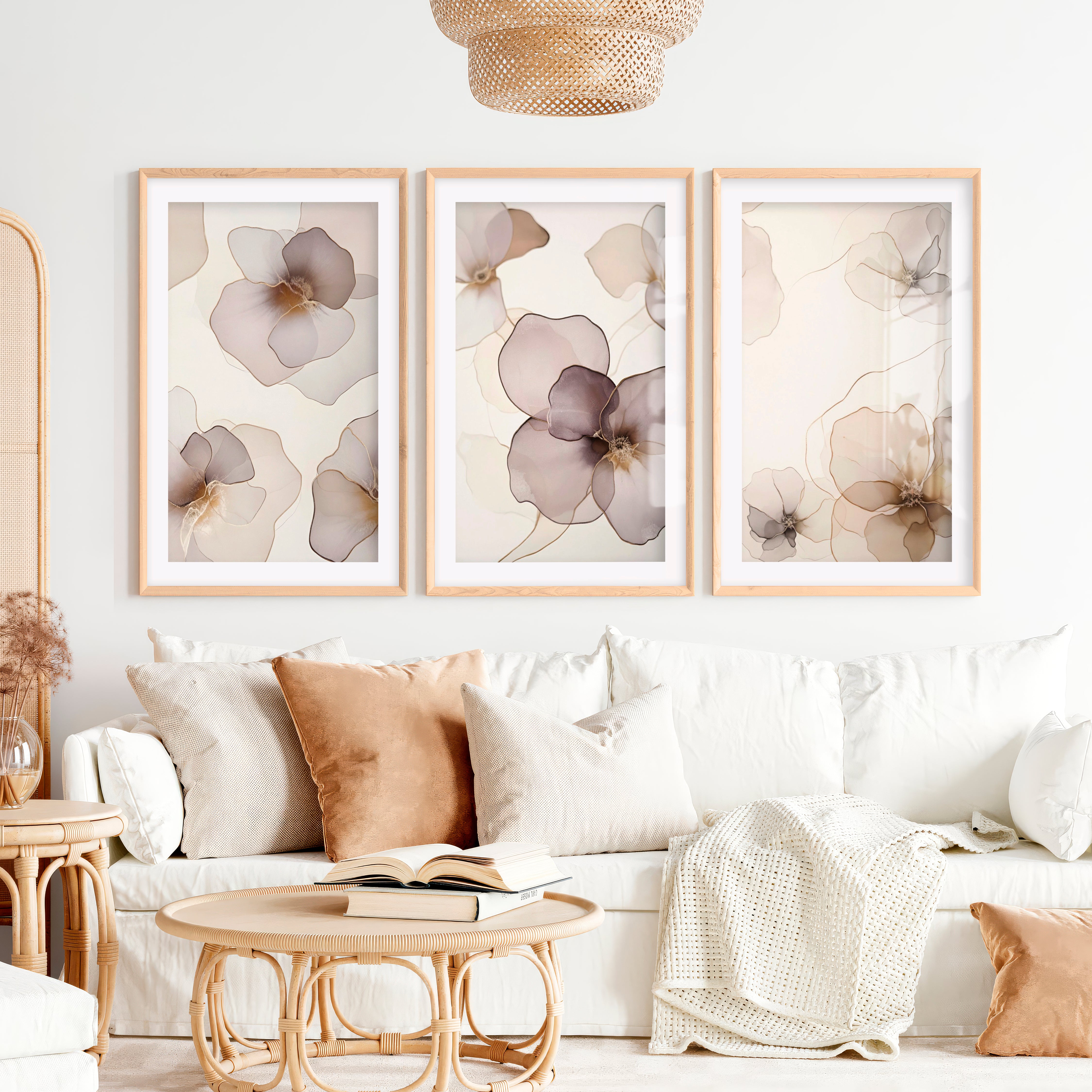 Modern Abstract Flower Paintings Neutral Blush Set of 3- Natural Wood Framed Poster with White Border - Artworksets