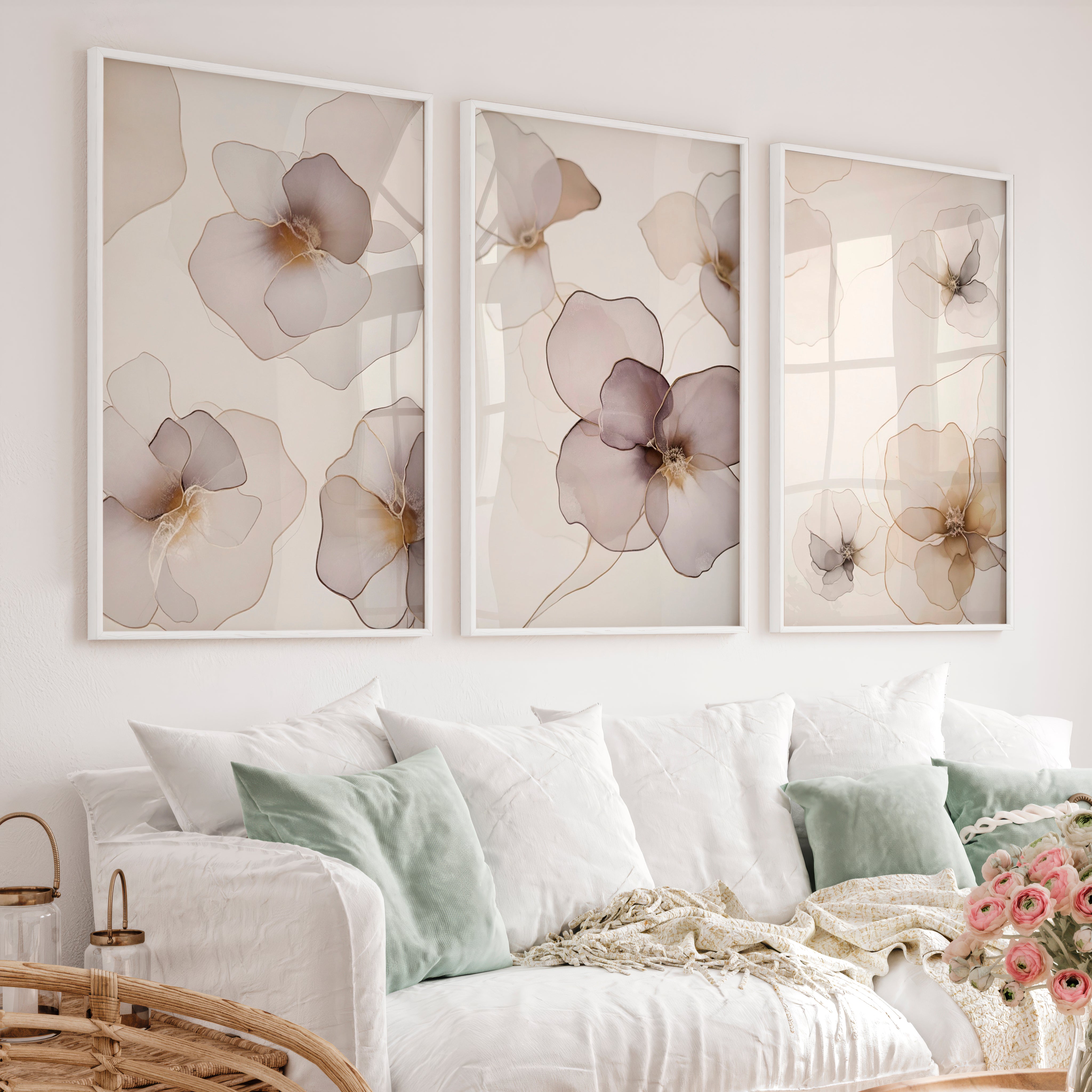 Modern Abstract Flower Paintings Neutral Blush Set of 3 - White Framed Poster No Border - Artworksets