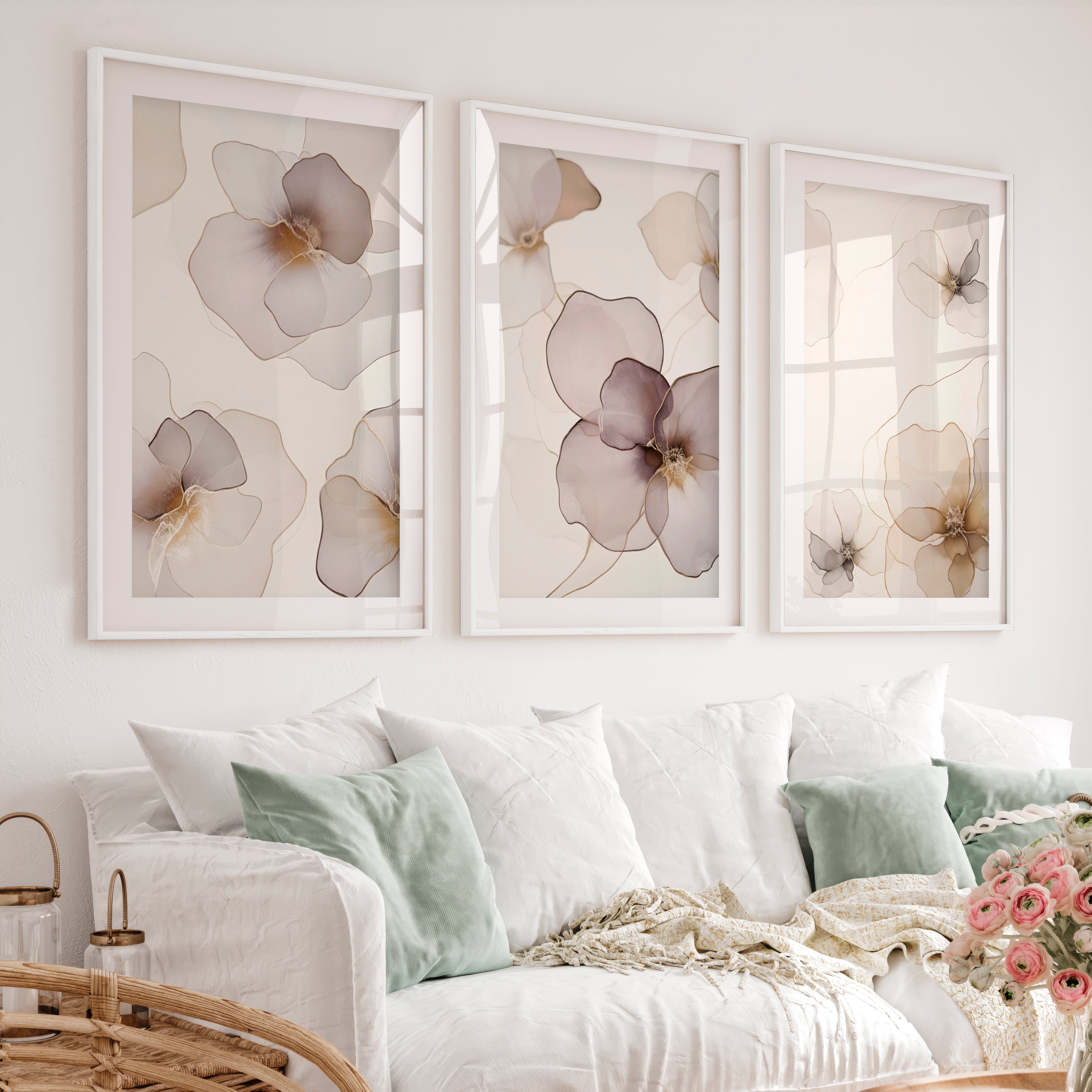 Modern Abstract Flower Paintings Neutral Blush Set of 3 - White Framed Poster with White Border - Artworksets