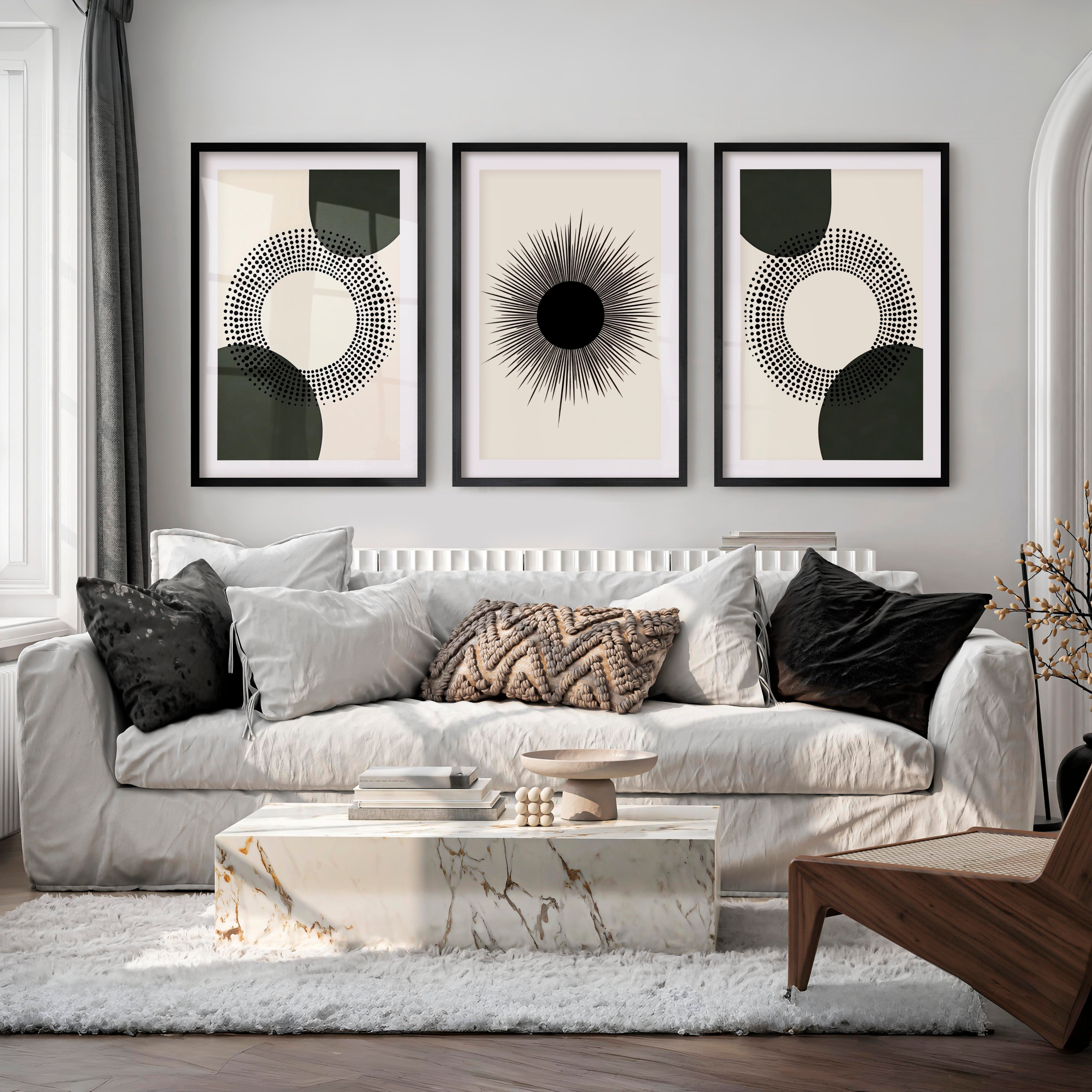 Modern Abstract Painting Black Minimal Geo Set of 3 - Black Framed Poster with White Border - Artworksets