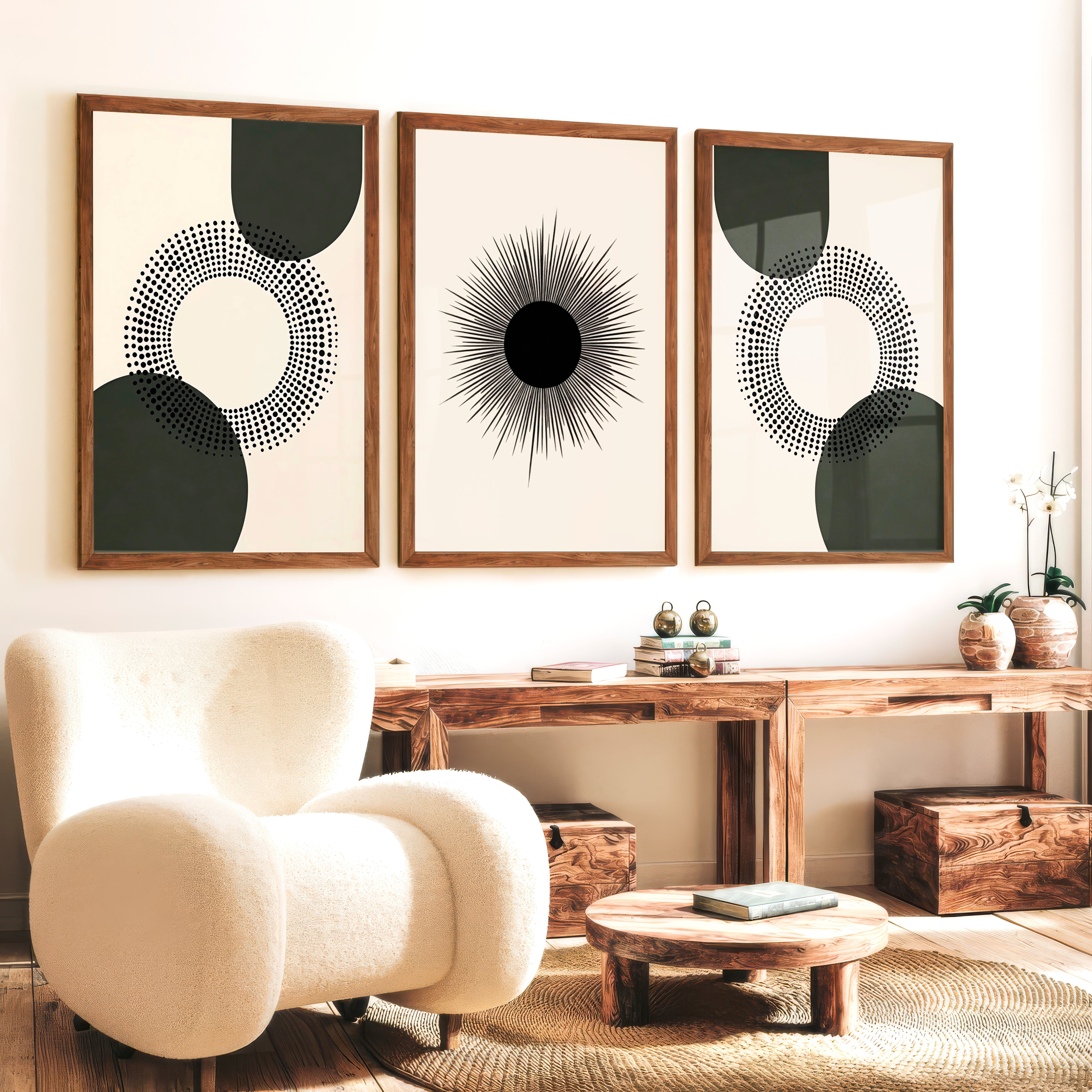 Modern Abstract Painting Black Minimal Geo Set of 3 - Dark Brown Framed Poster No Border - Artworksets