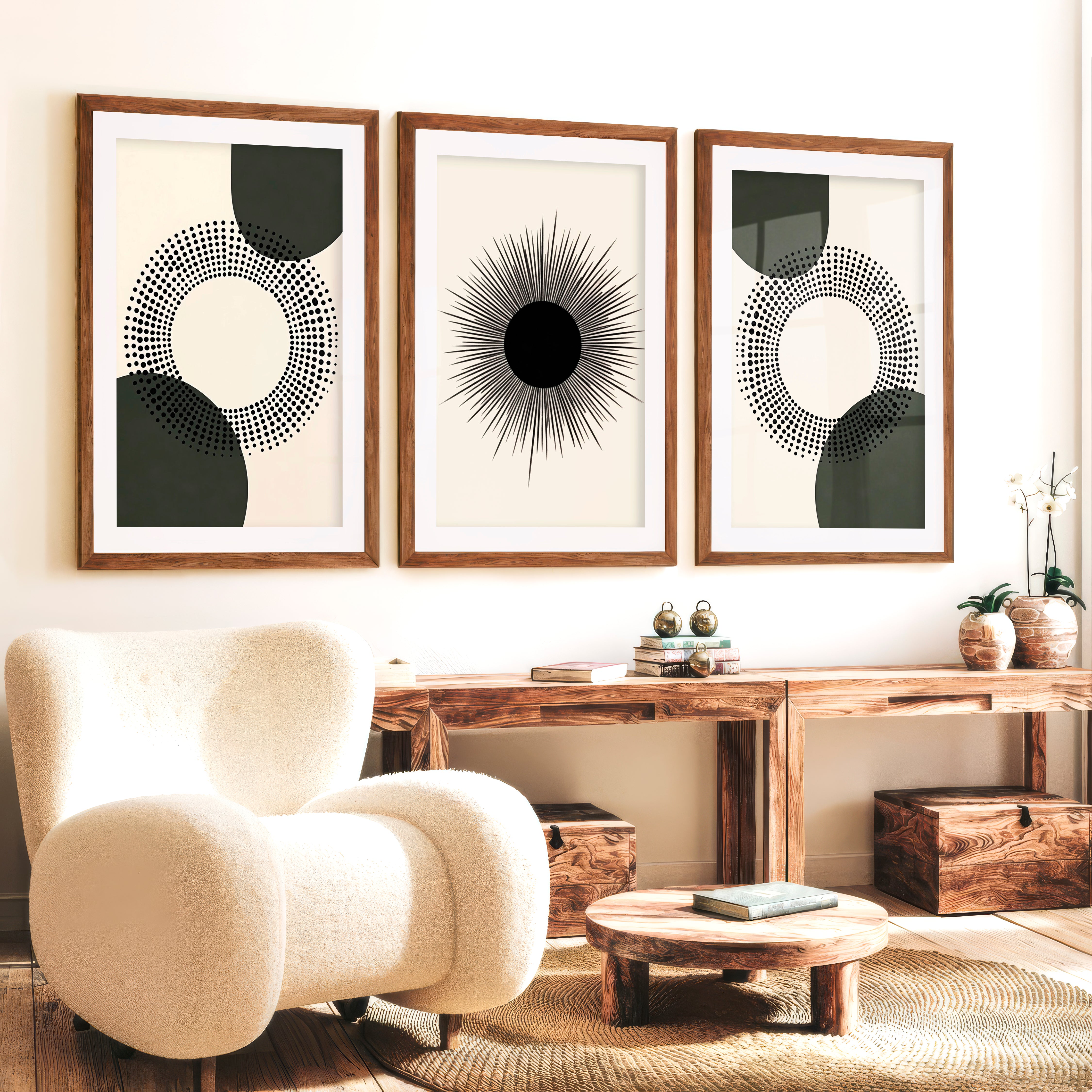 Modern Abstract Painting Black Minimal Geo Set of 3 - Dark Brown Framed Poster with White Border - Artworksets