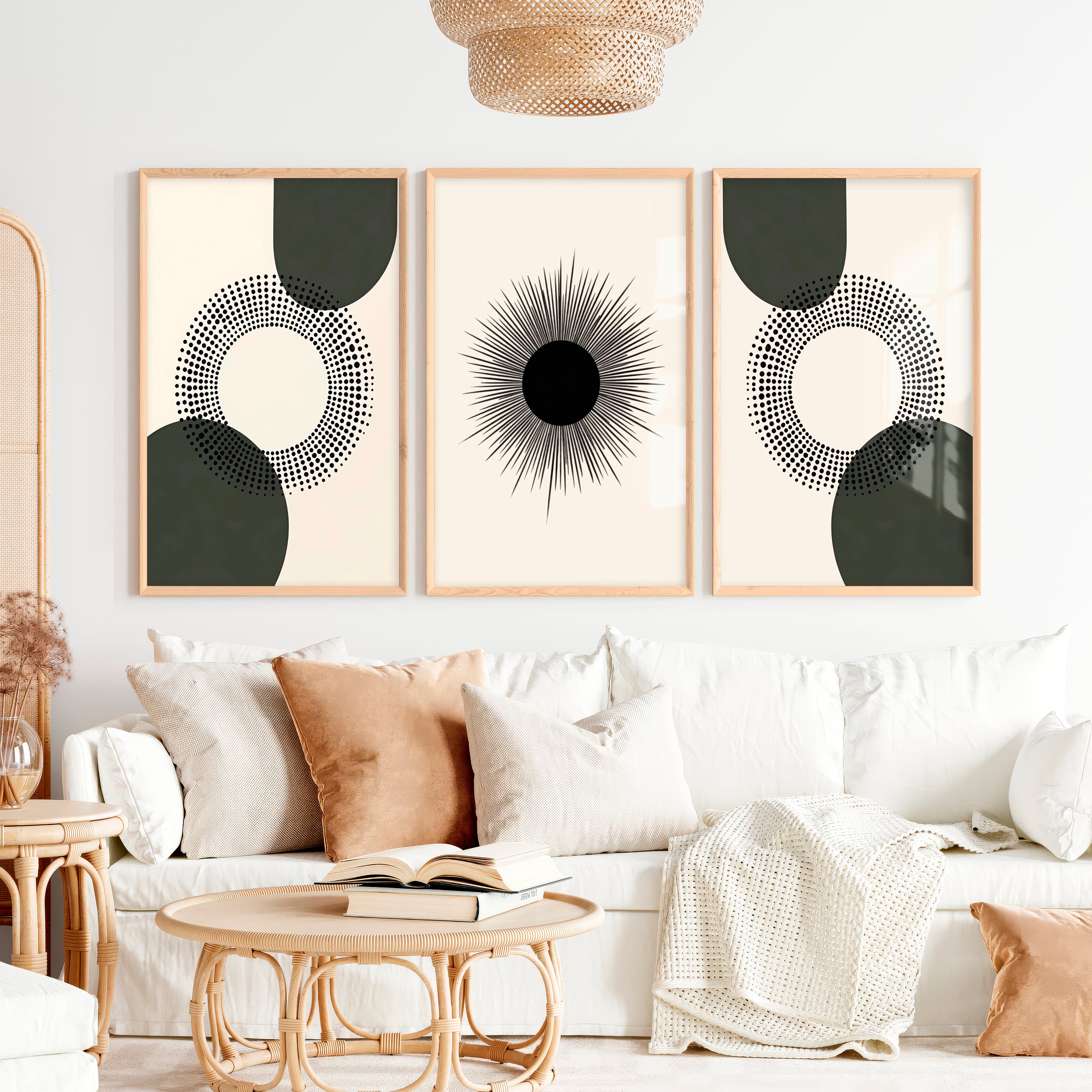 Modern Abstract Painting Black Minimal Geo Set of 3 - Natural Wood Framed Poster No Border - Artworksets
