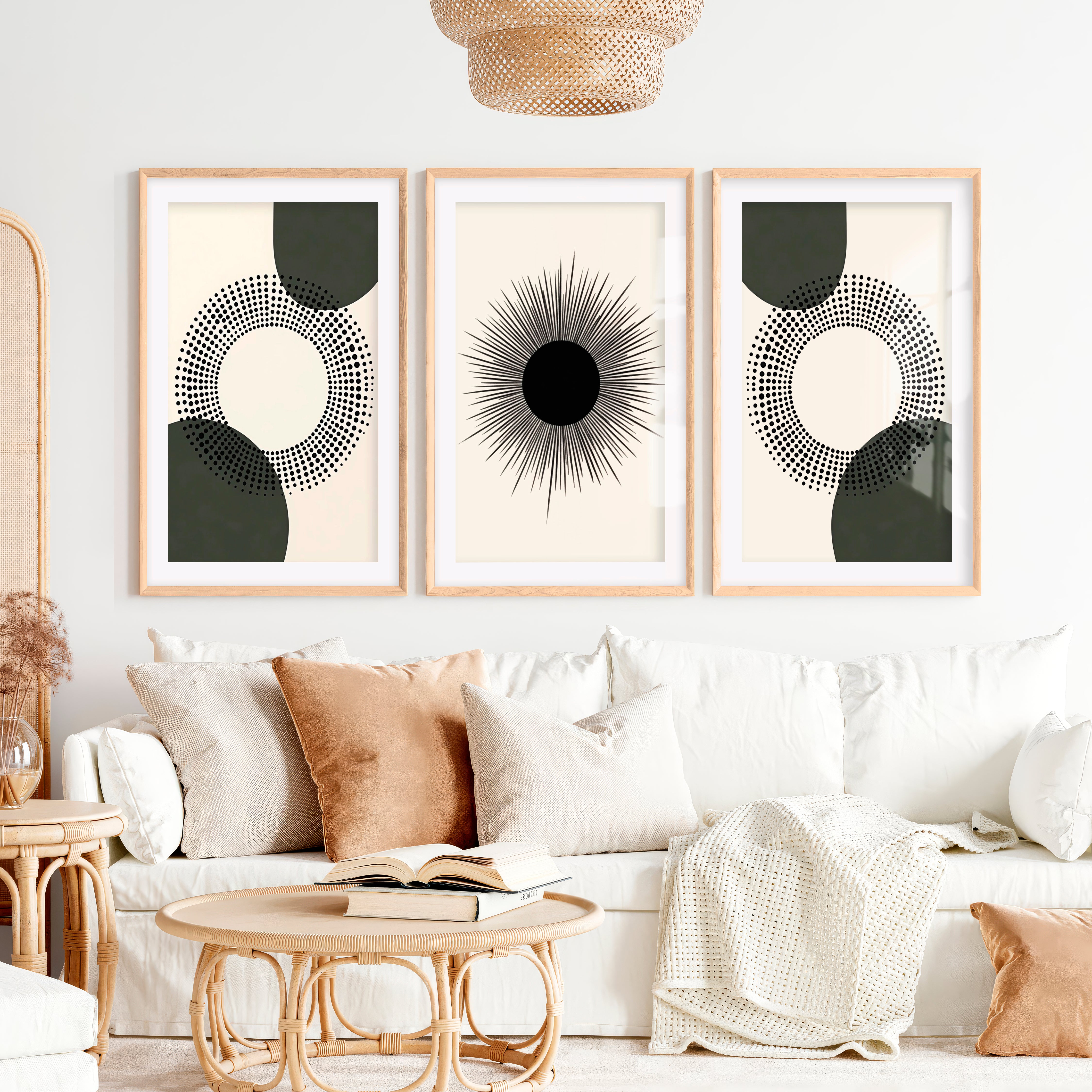 Modern Abstract Painting Black Minimal Geo Set of 3- Natural Wood Framed Poster with White Border - Artworksets