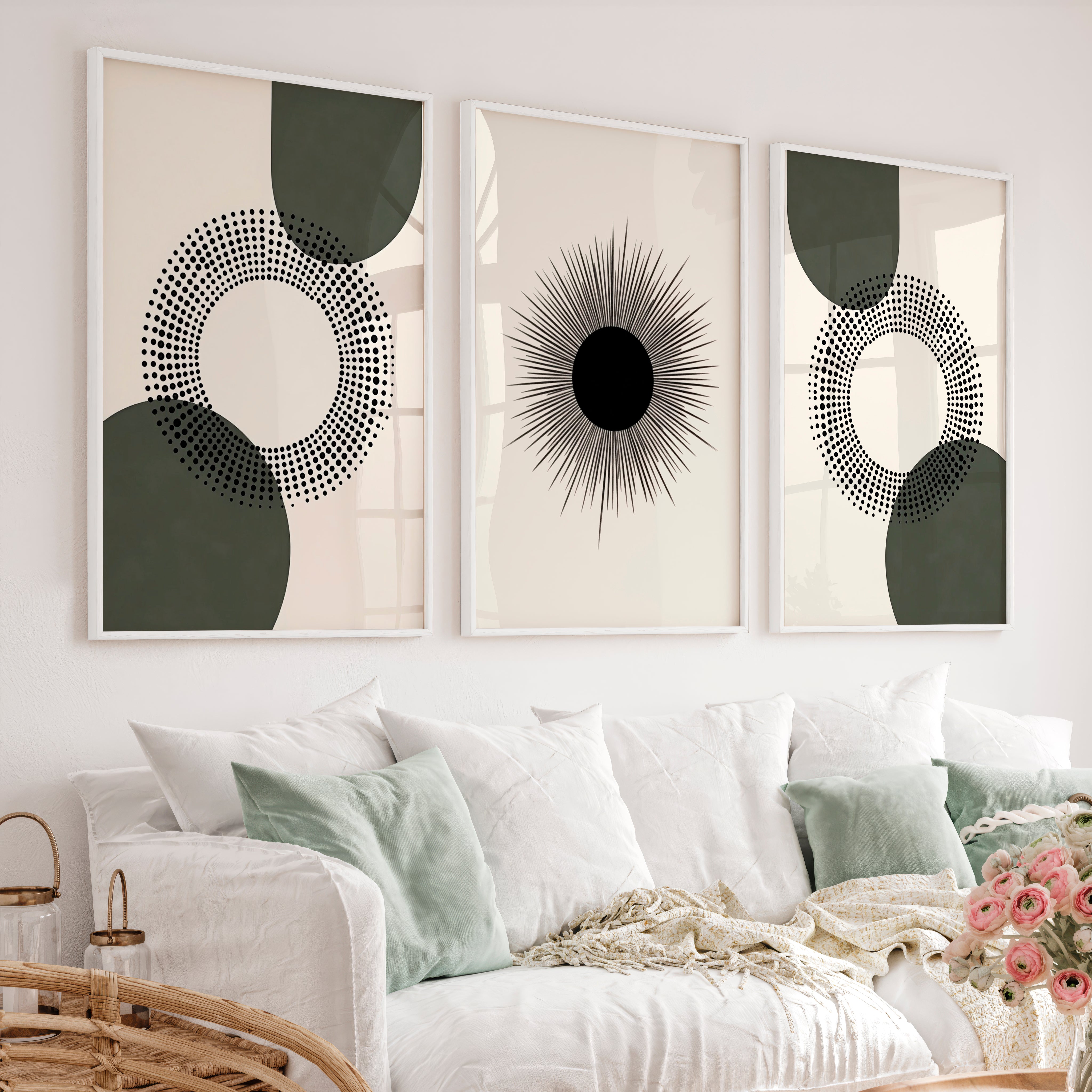 Modern Abstract Painting Black Minimal Geo Set of 3 - White Framed Poster No Border - Artworksets