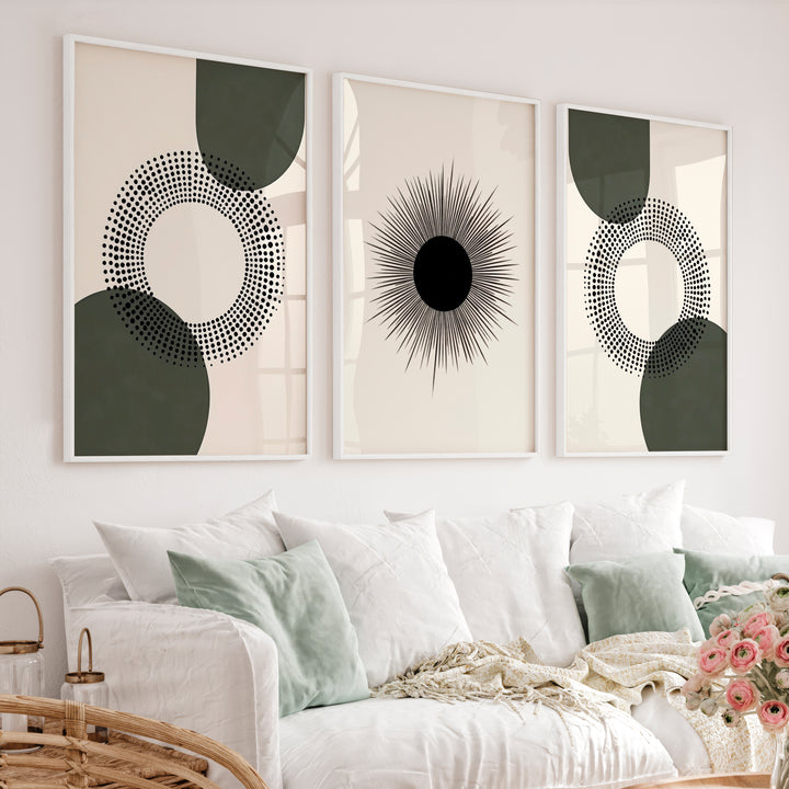 Modern Abstract Painting Black Minimal Geo Set of 3 - White Framed Poster No Border - Artworksets