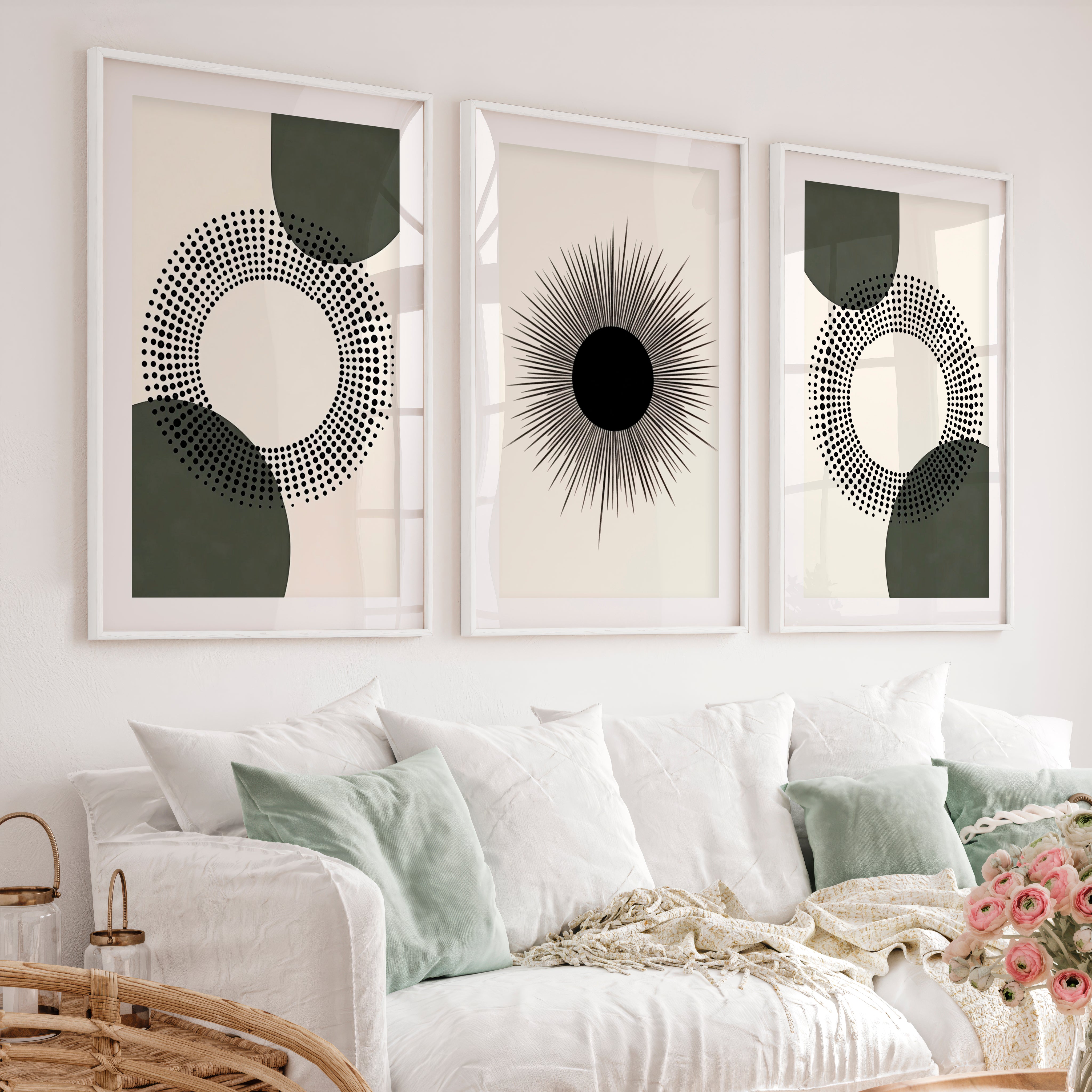 Modern Abstract Painting Black Minimal Geo Set of 3 - White Framed Poster with White Border - Artworksets