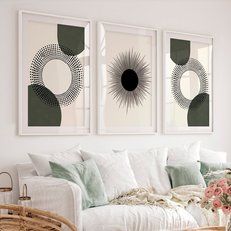 Modern Abstract Painting Black Minimal Geo Set of 3 - White Framed Poster with White Border - Artworksets