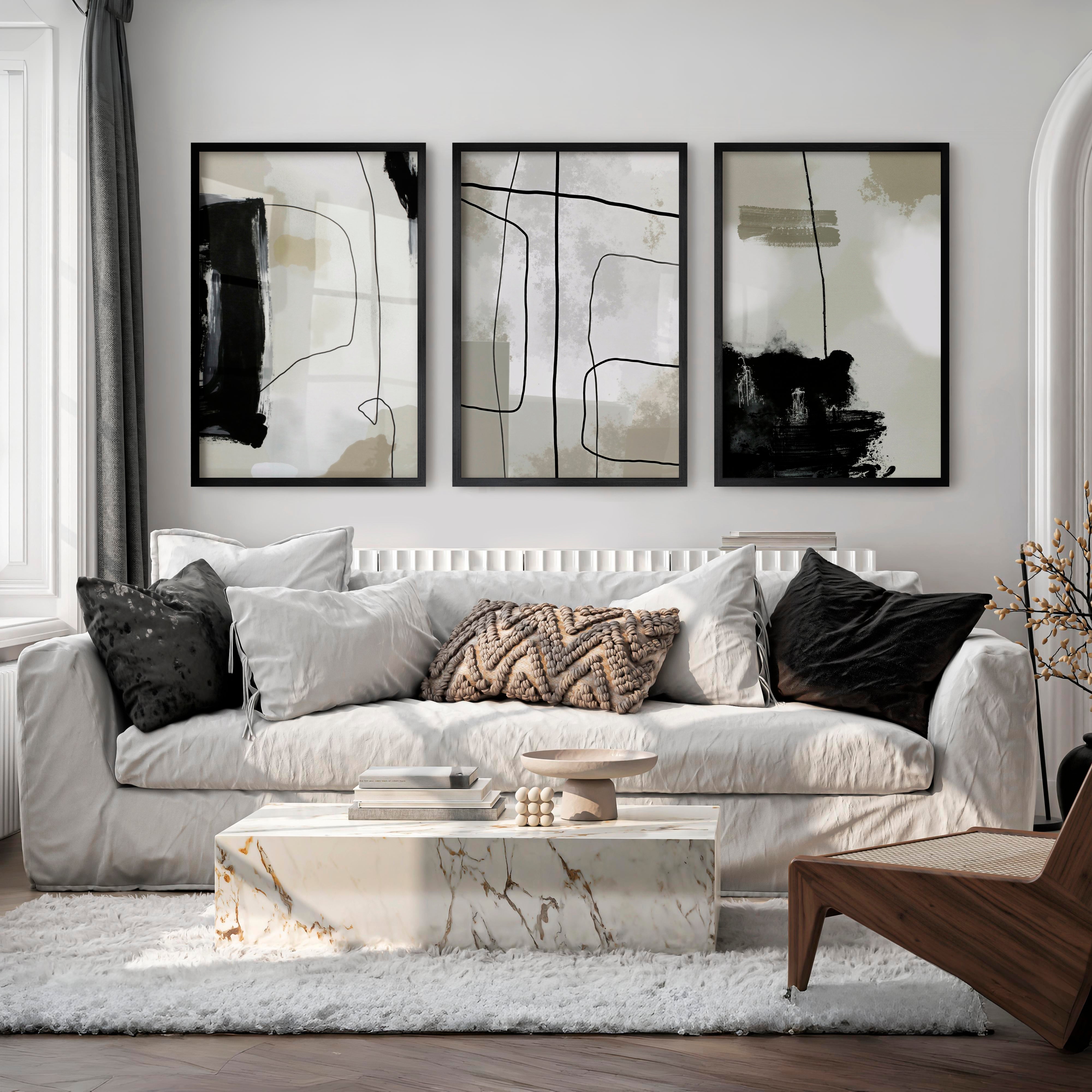Modern and Abstract Paintings Black White Minimal Set of 3 - Black Framed Poster No Border - Artworksets