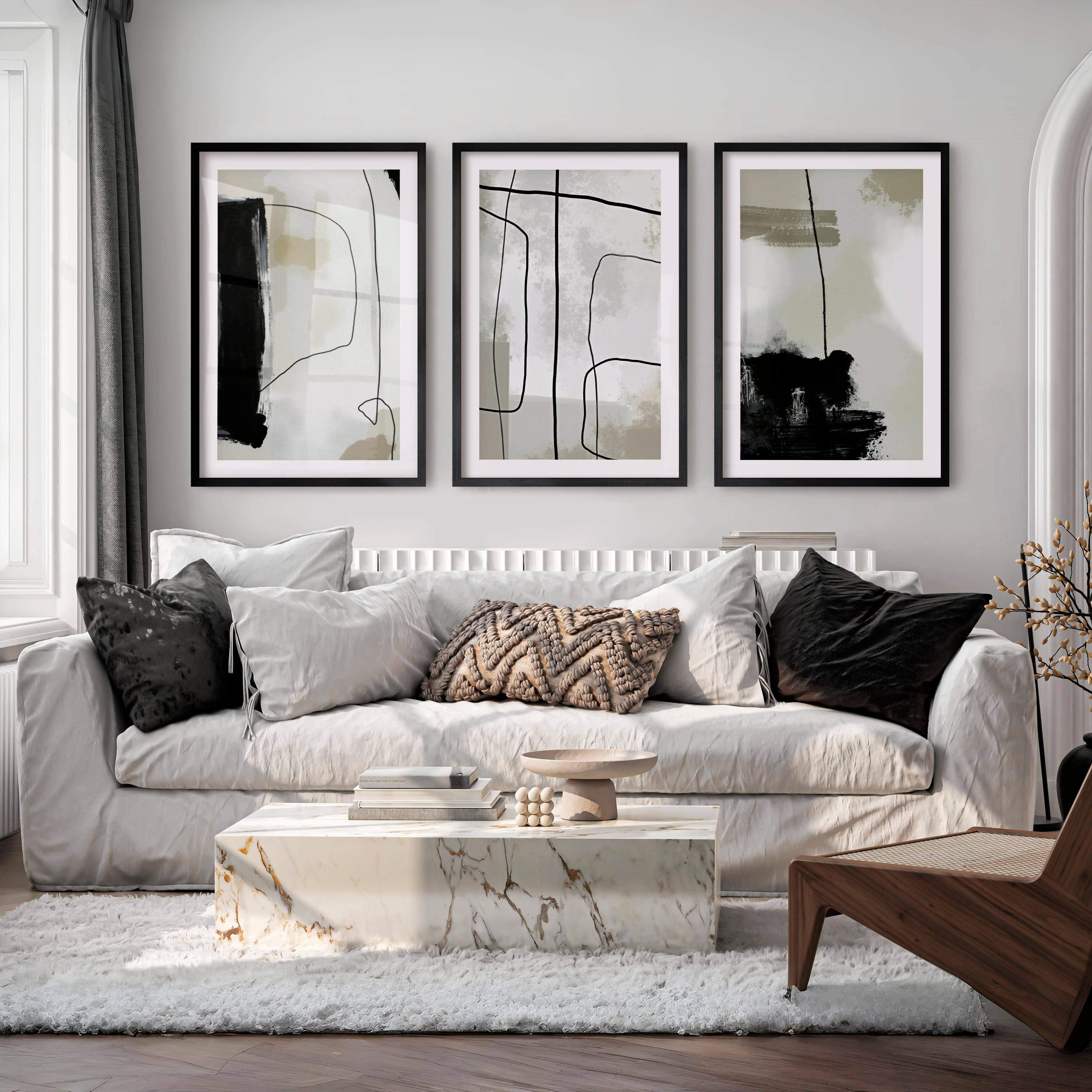 Modern and Abstract Paintings Black White Minimal Set of 3 - Black Framed Poster with White Border - Artworksets