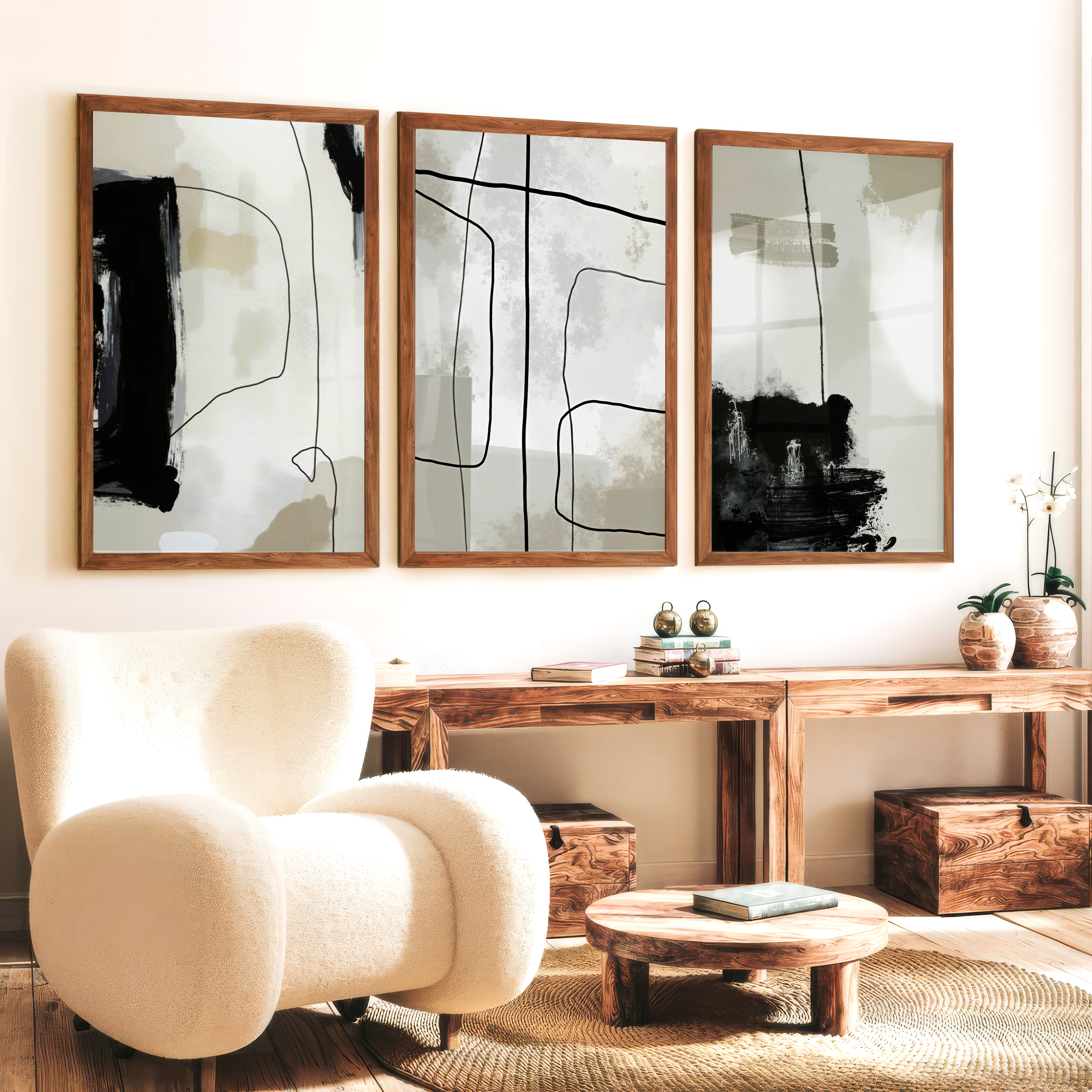 Modern and Abstract Paintings Black White Minimal Set of 3 - Dark Brown Framed Poster No Border - Artworksets