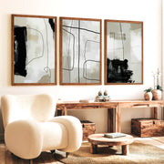 Modern and Abstract Paintings Black White Minimal Set of 3 - Dark Brown Framed Poster No Border - Artworksets