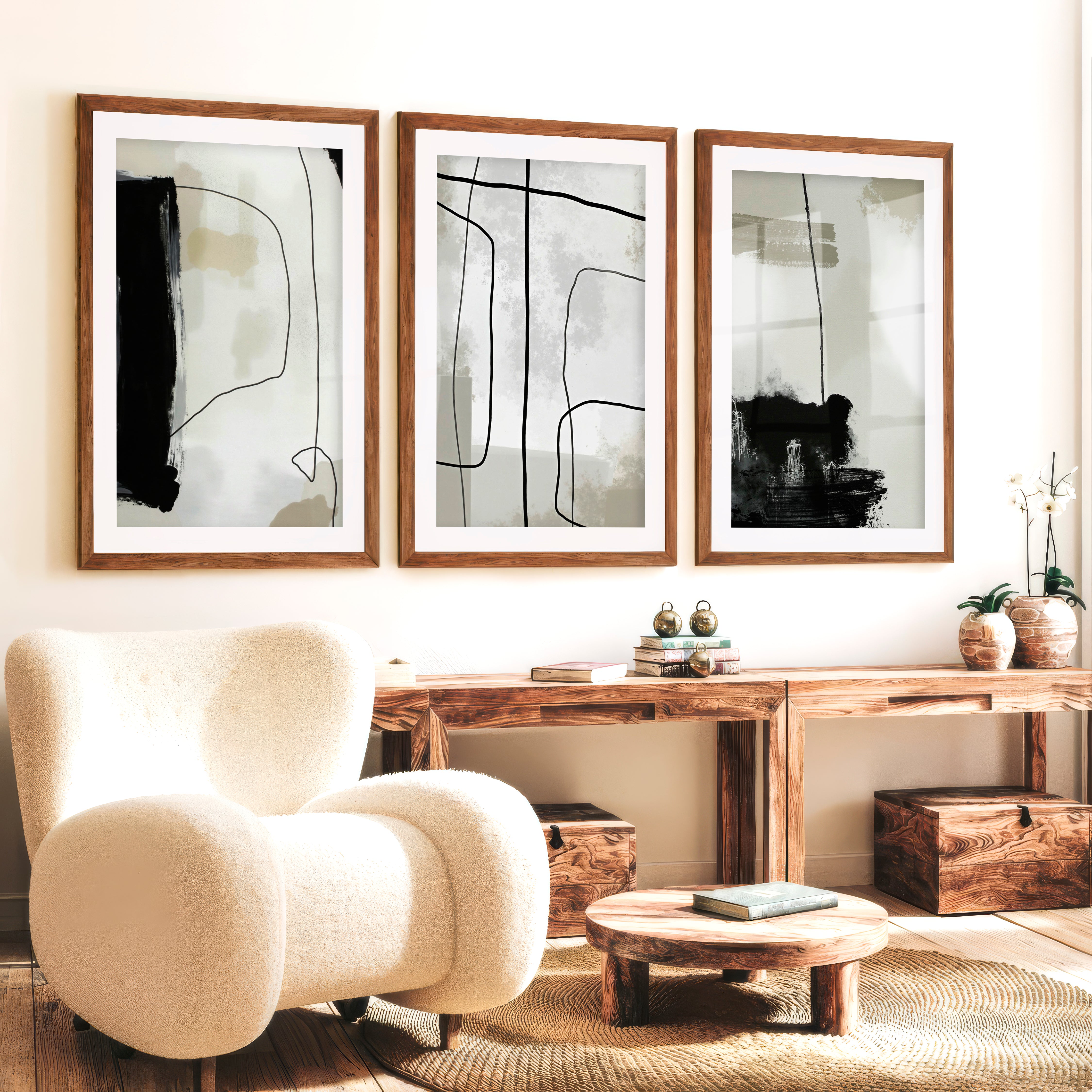 Modern and Abstract Paintings Black White Minimal Set of 3 - Dark Brown Framed Poster with White Border - Artworksets