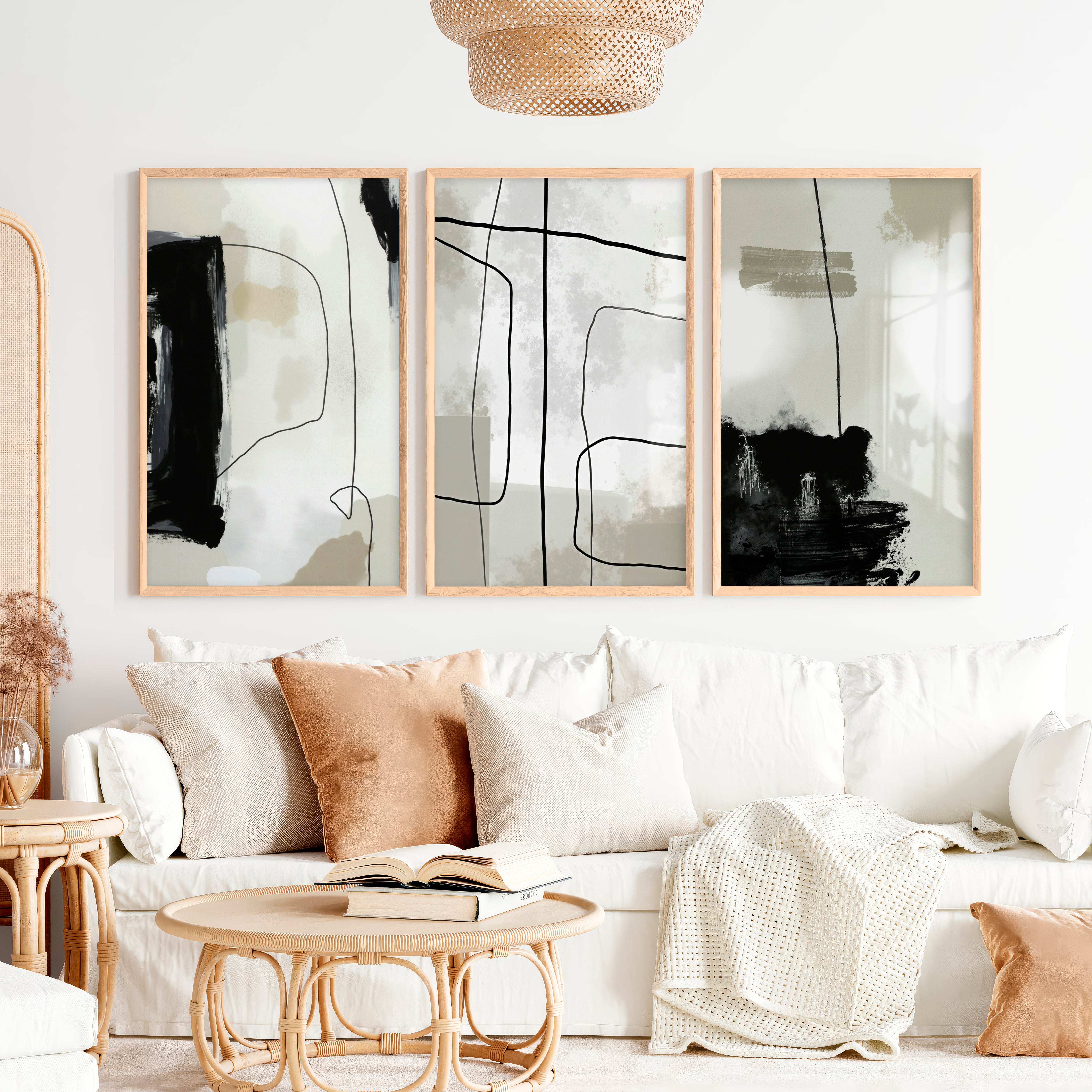 Modern and Abstract Paintings Black White Minimal Set of 3 - Natural Wood Framed Poster No Border - Artworksets