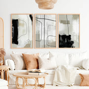 Modern and Abstract Paintings Black White Minimal Set of 3 - Natural Wood Framed Poster No Border - Artworksets