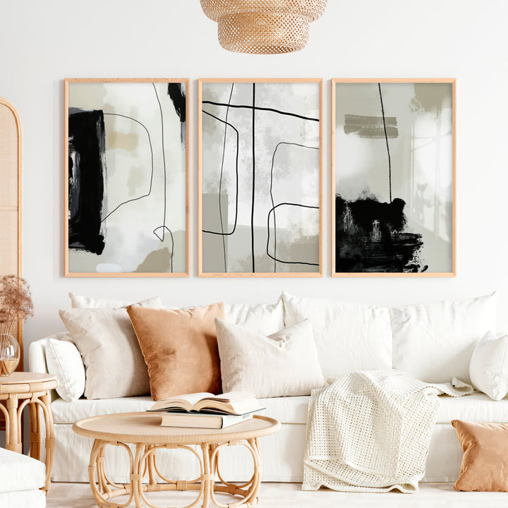 Modern and Abstract Paintings Black White Minimal Set of 3 - Natural Wood Framed Poster No Border - Artworksets