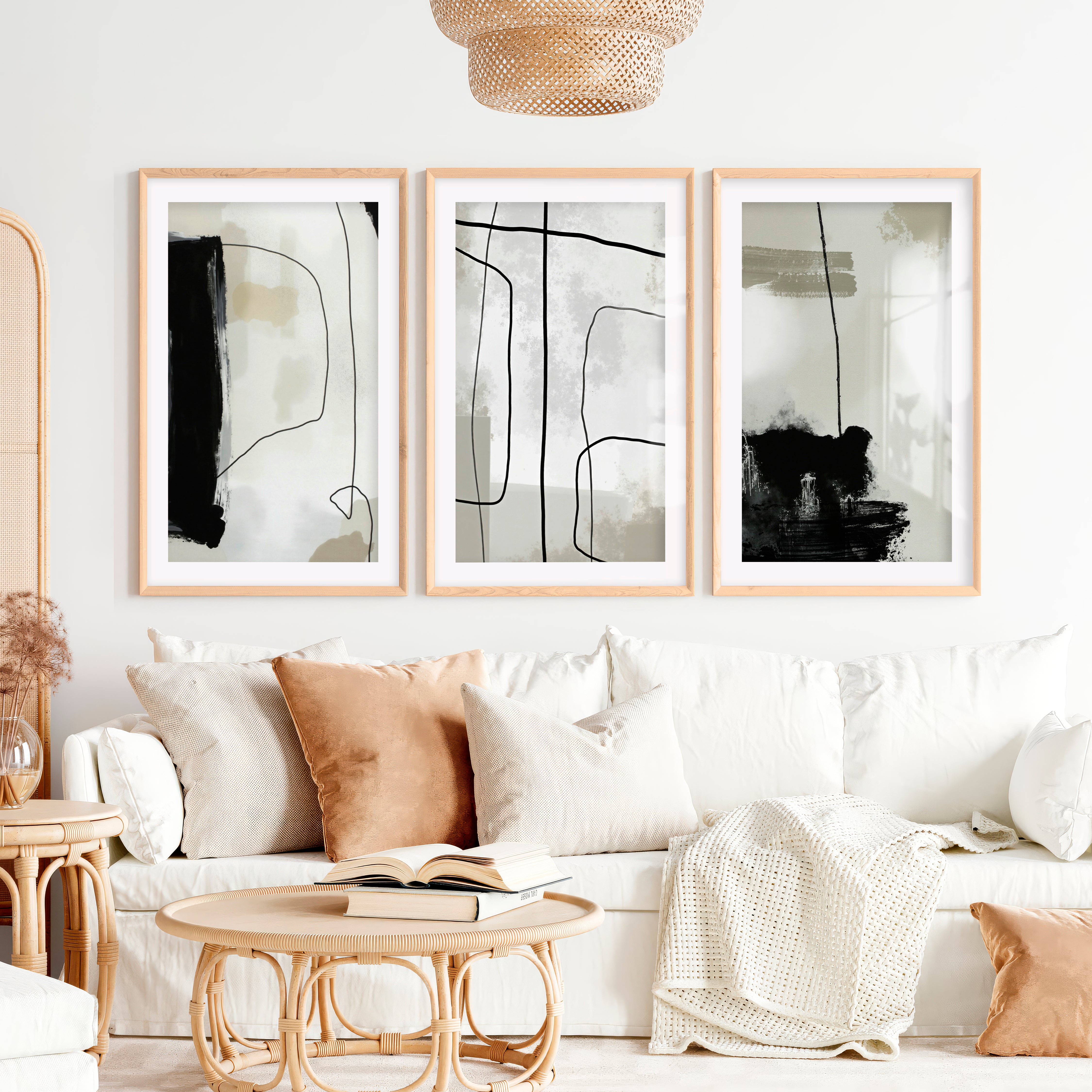 Modern and Abstract Paintings Black White Minimal Set of 3- Natural Wood Framed Poster with White Border - Artworksets