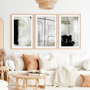 Modern and Abstract Paintings Black White Minimal Set of 3- Natural Wood Framed Poster with White Border - Artworksets