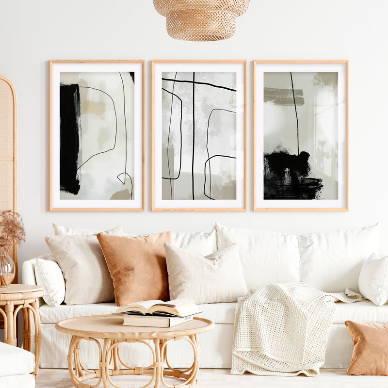 Modern and Abstract Paintings Black White Minimal Set of 3- Natural Wood Framed Poster with White Border - Artworksets