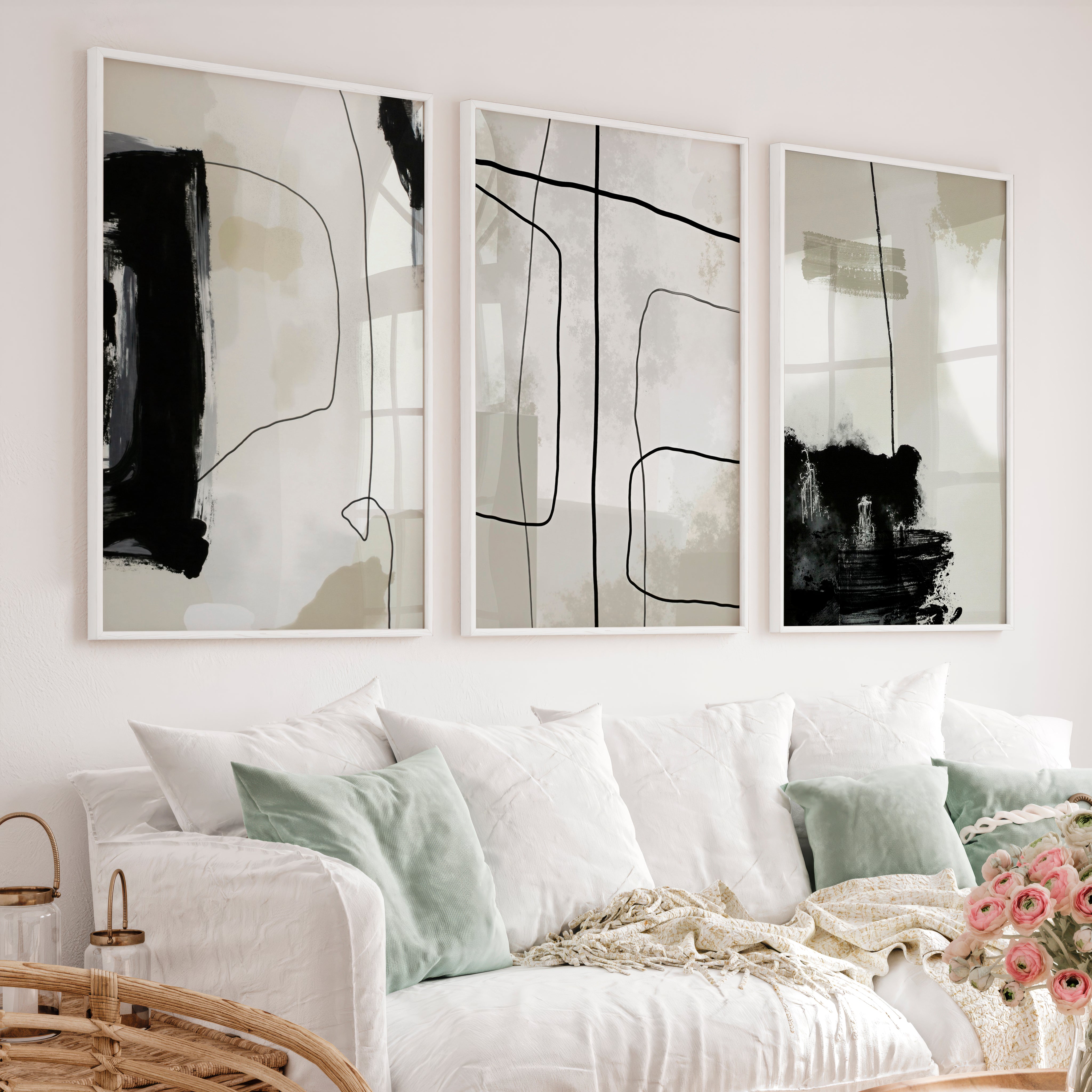 Modern and Abstract Paintings Black White Minimal Set of 3 - White Framed Poster No Border - Artworksets