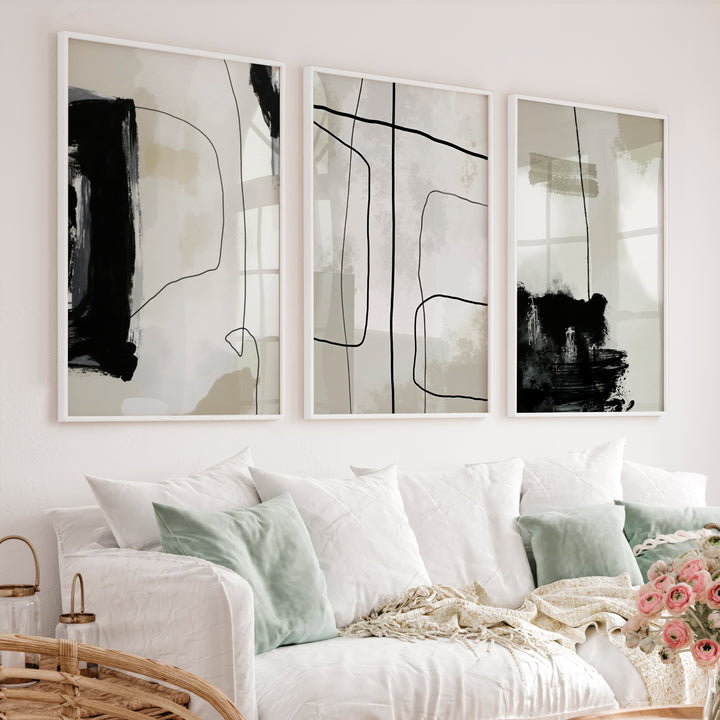 Modern and Abstract Paintings Black White Minimal Set of 3 - White Framed Poster No Border - Artworksets