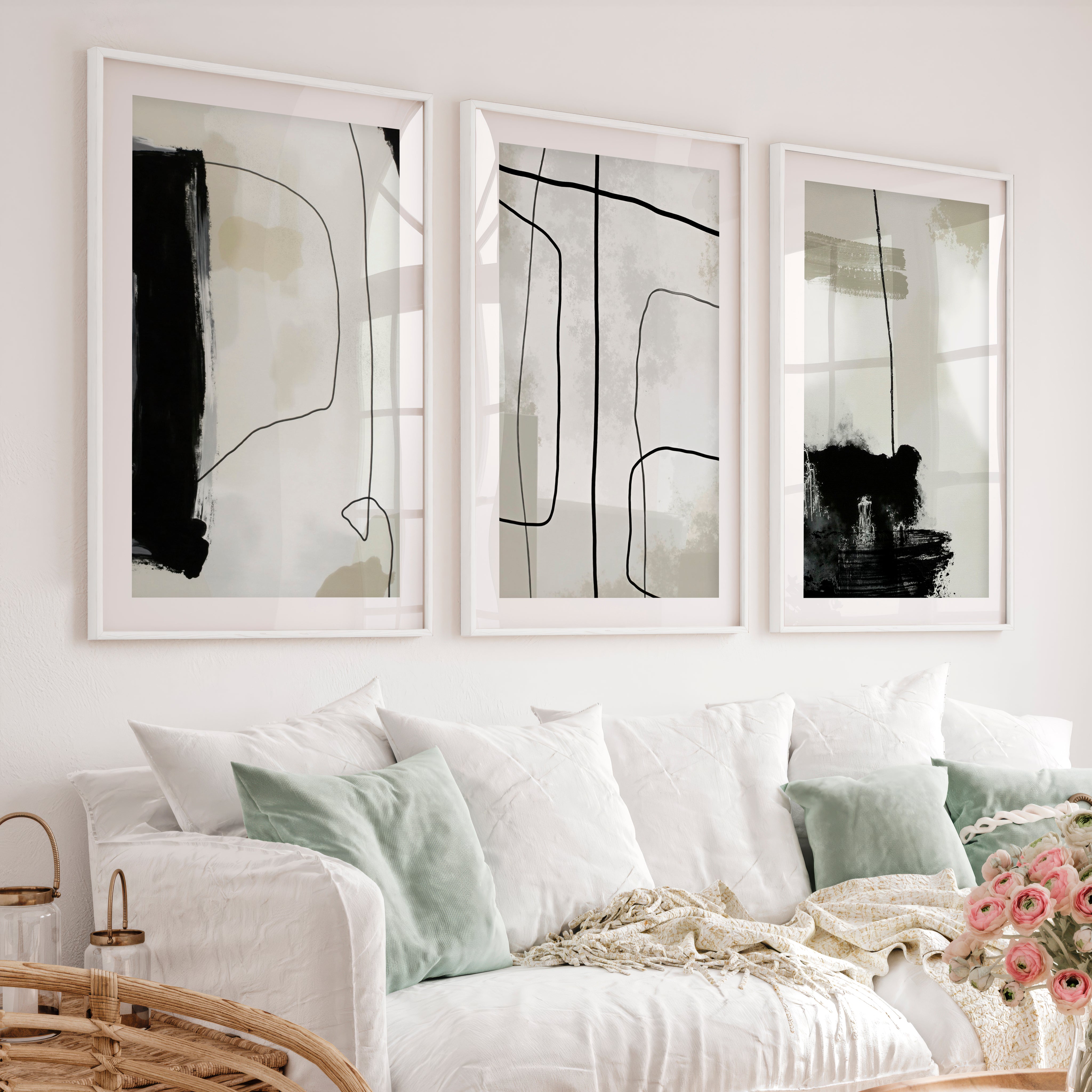 Modern and Abstract Paintings Black White Minimal Set of 3 - White Framed Poster with White Border - Artworksets