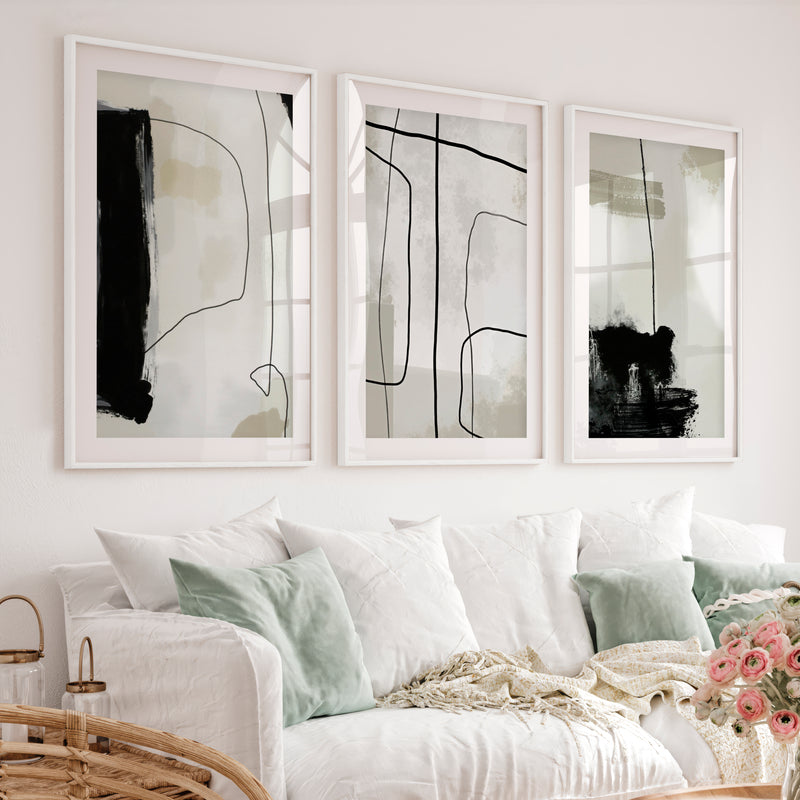 Modern and Abstract Paintings Black White Minimal Set of 3 - White Framed Poster with White Border - Artworksets