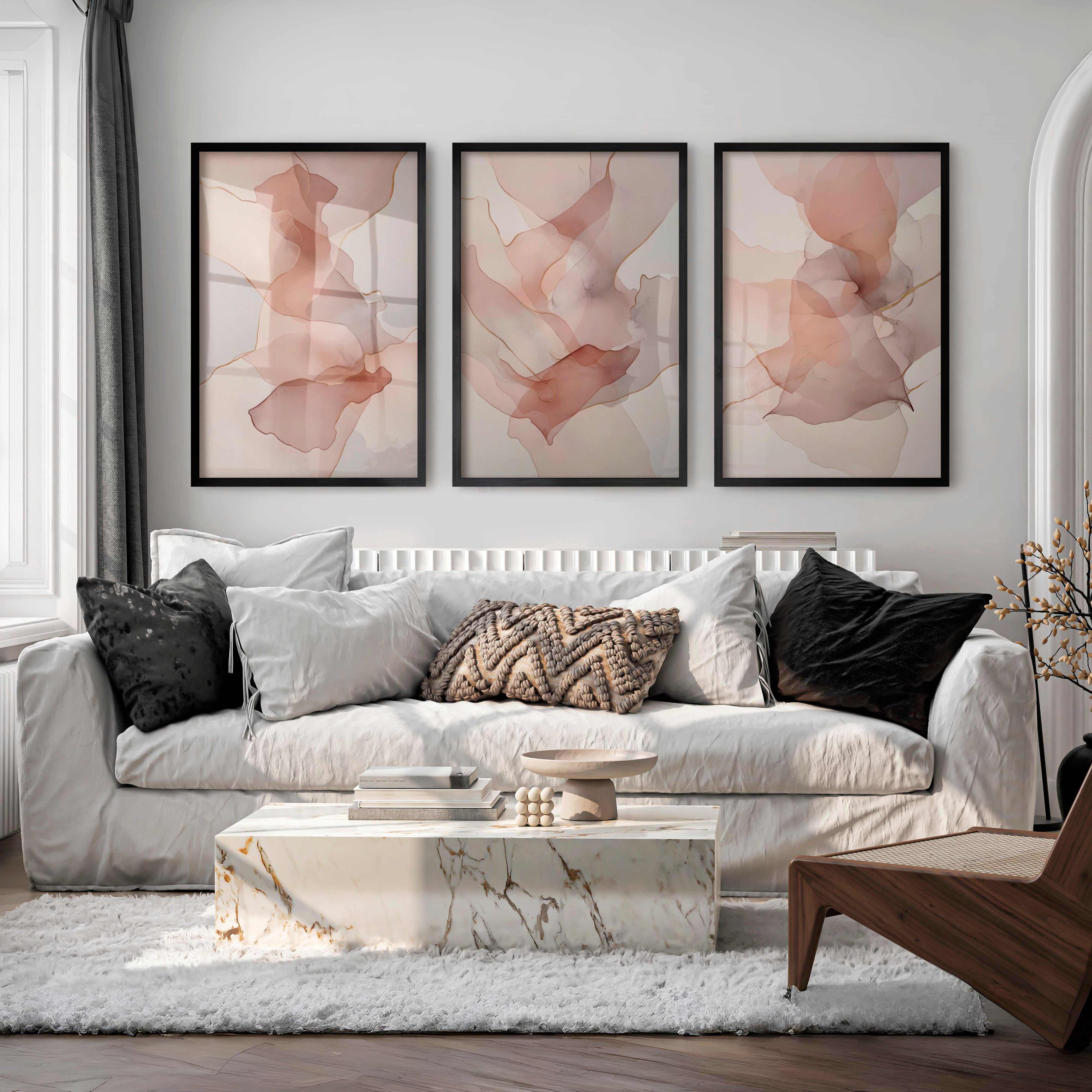 Modern Artwork Abstract Soft Blush Fluid Set of 3 - Black Framed Poster No Border - Artworksets