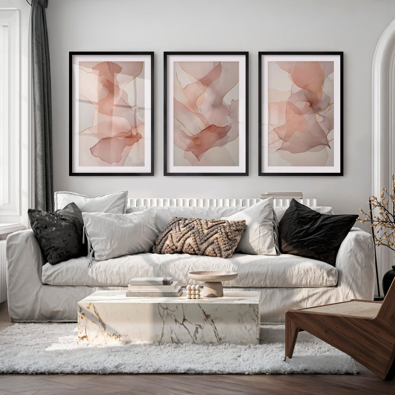 Modern Artwork Abstract Soft Blush Fluid Set of 3 - Black Framed Poster with White Border - Artworksets